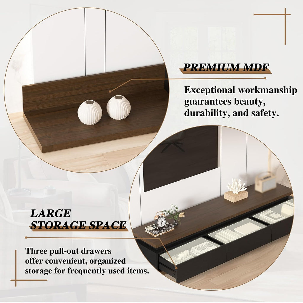 Betterhood Extendable TV Stand with LED Lights (80' - 106'), Wood Entertainment Center for Up to 120' TV, Modern Reversible TV Console with Three Drawers, Living Room, Bedroom, Black & Walnut