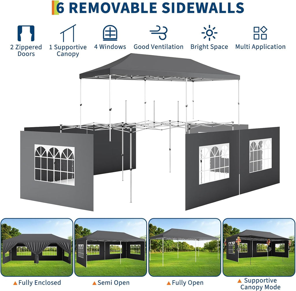 Garvee Commercial-Grade 10x20 ft Pop-Up Canopy Tent - 420D Oxford Fabric with PE Windows and 5 Removable Sidewalls, Ideal Heavy Duty Outdoor Shelter for Events, Weddings, and Backyard Gatherings