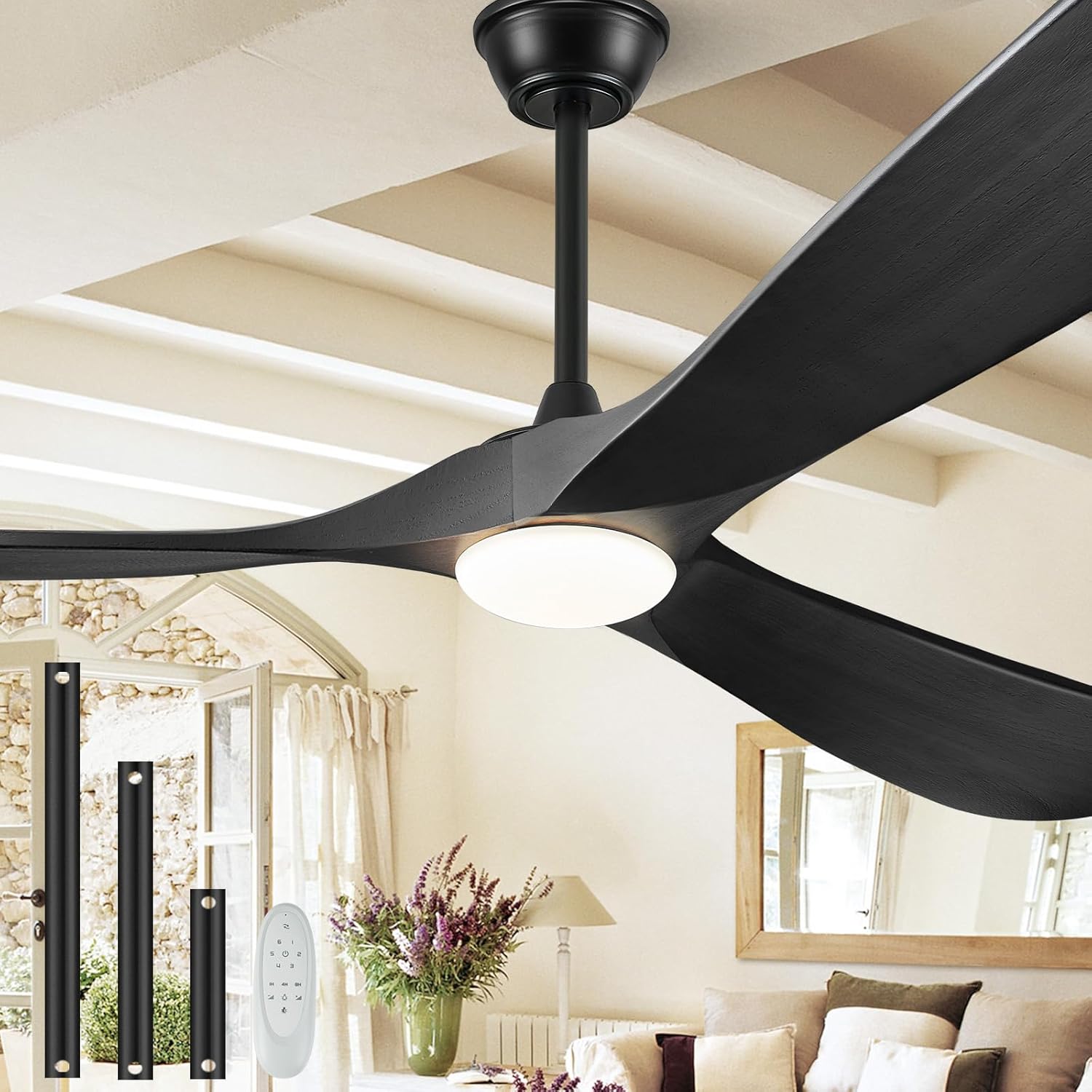 52' Outdoor Ceiling Fans with Lights and Remote Control, Wood Ceiling Fan with Lights High CFM Quiet 3 Blade Wood Walnut Fan, Propeller Ceiling Fan for Outdoor/Indoor/Patio,Matte Black