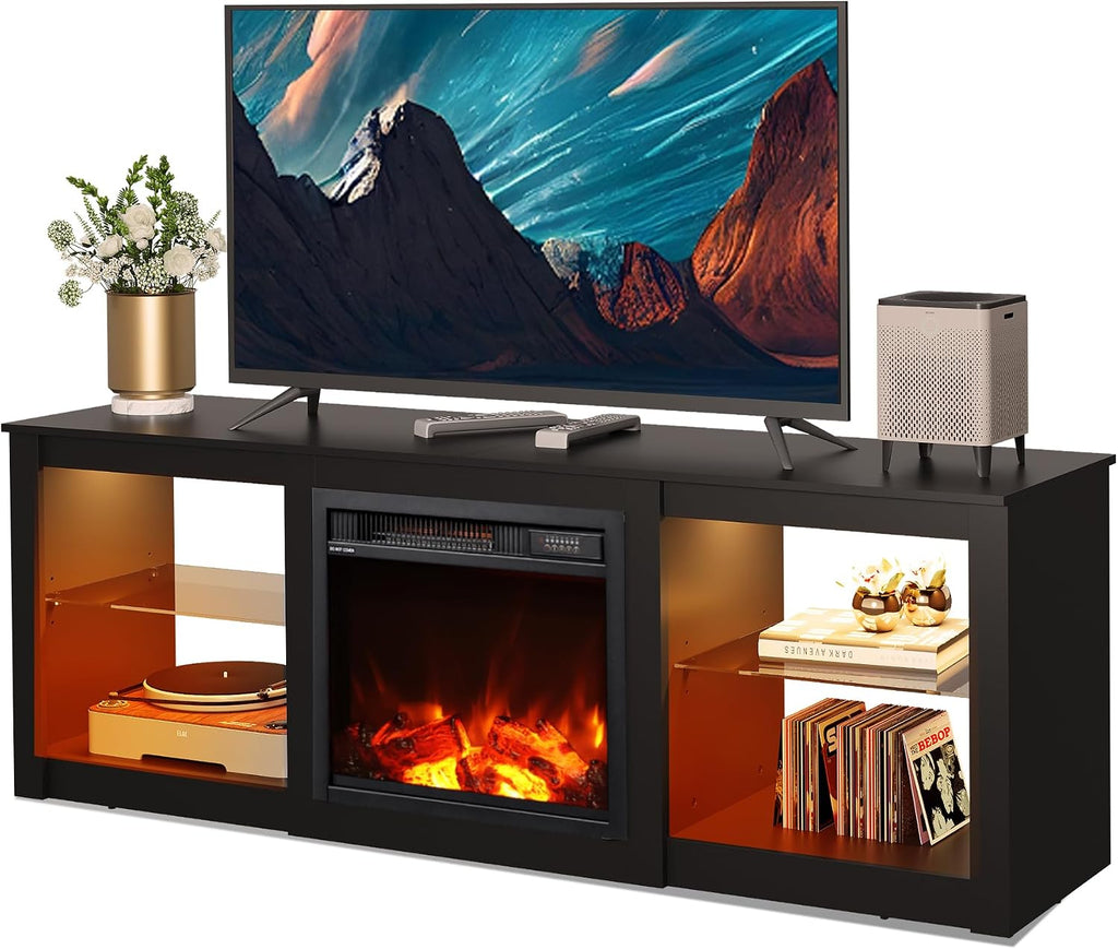 WLIVE 58 Inches Fireplace TV Stand with LED Lights, Modern Entertainment Center with 18'' Electric Fireplace & Adjustable Glass Shelves, Sturdy Media Console for Living Room, Bedroom (Black)