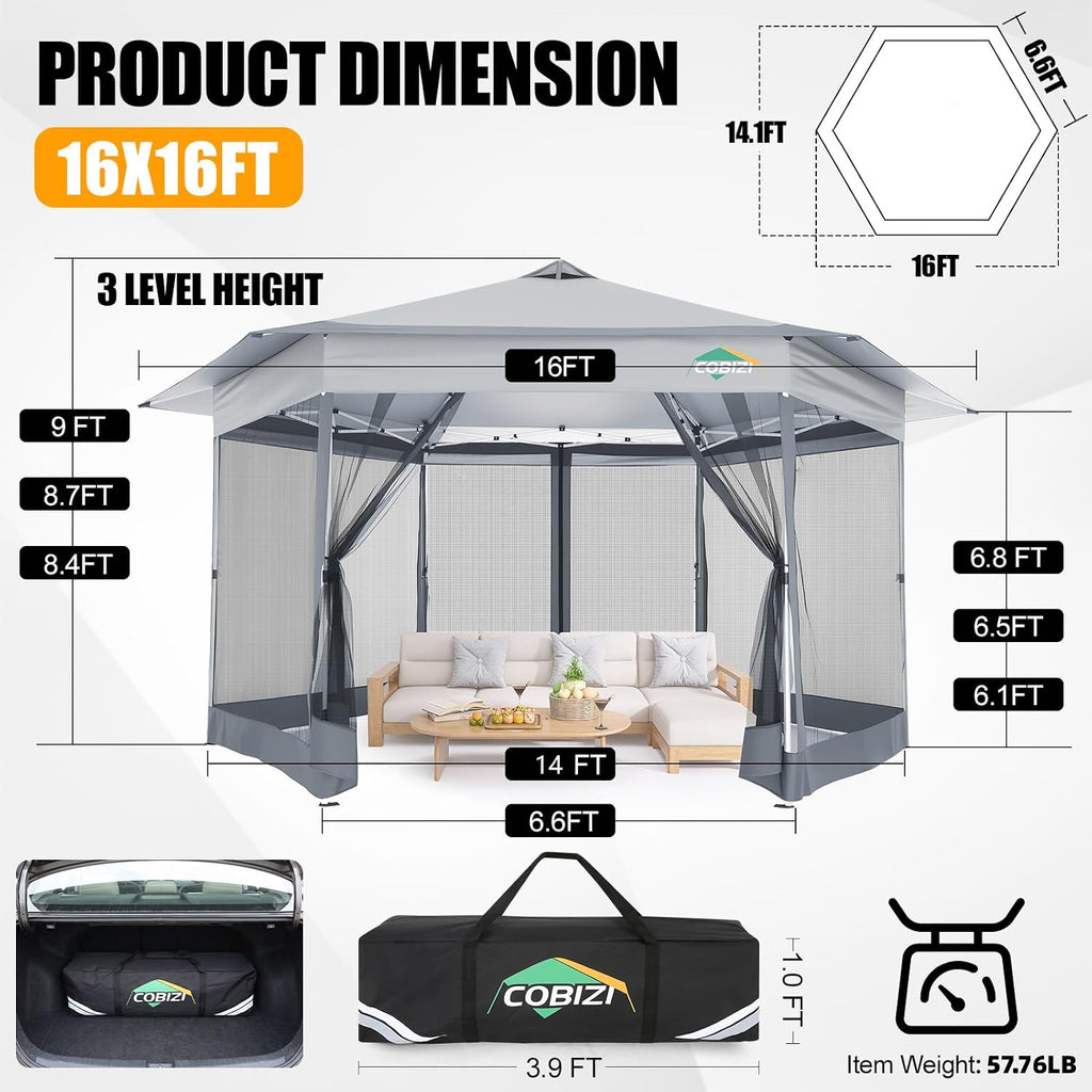 COBIZI 14x14 Pop Up Gazebo Tent with Mosquito Netting, Gazebos on Clearance, Hexagonal Outdoor Canopy Shelter, Patented Center Lock 6-Sided Portable Gazebos, Pop Up Canopy Tent for Backyard, White