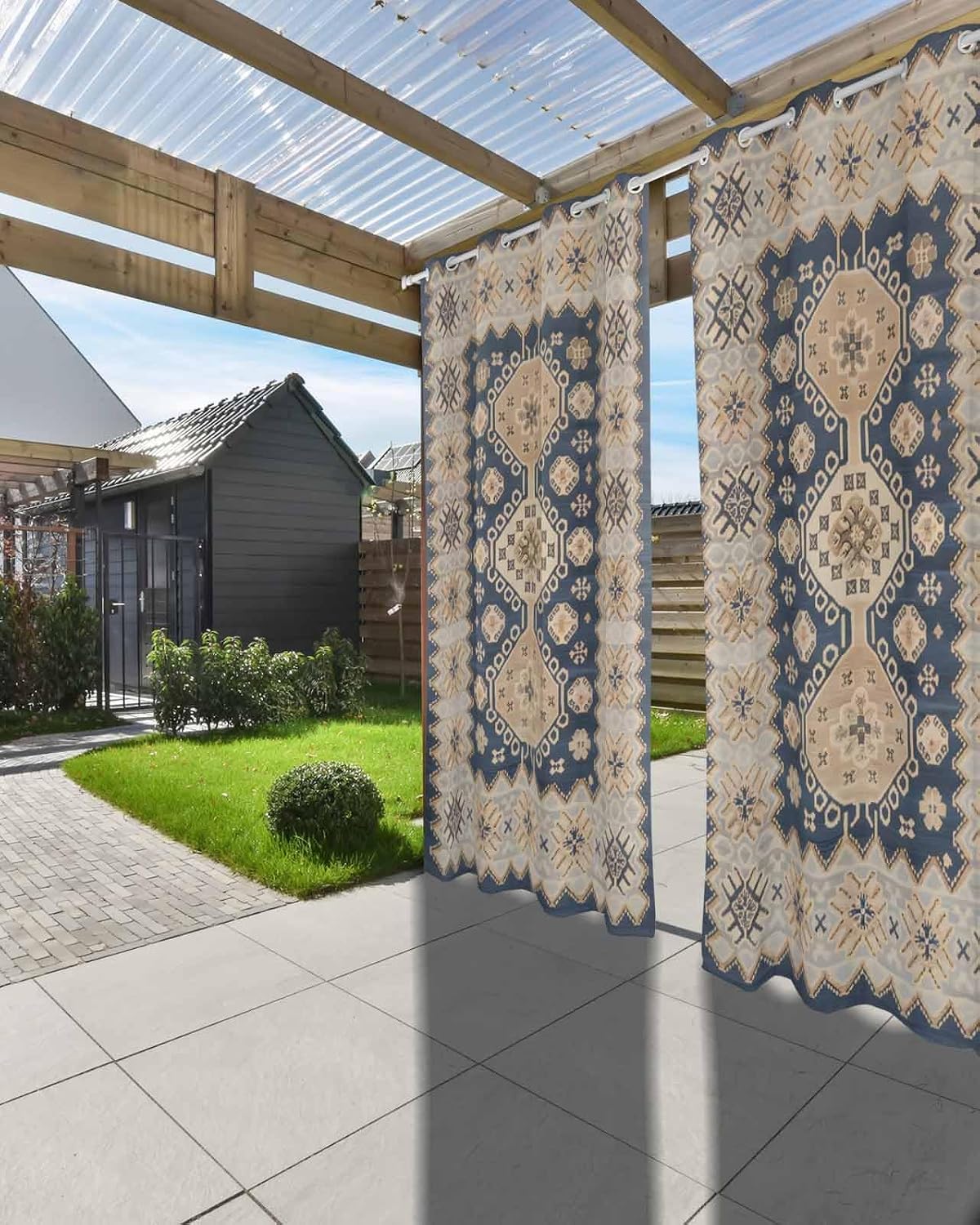 Boho Outdoor Curtains for Patio Waterproof, Ethnic Tribe Windproof Pravicy Outside Porch Blackout Curtain, Bohemian Southwest Vintage Abstract Blue Sun Blocking Curtains for Gazebo 2 Panels 54'x95'
