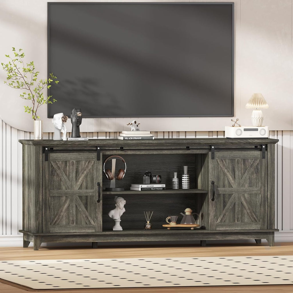 Garvee Home Farmhouse TV Stand for 75 in Television, Wood Entertainment Center with Storage & Barn Doors, Adjustable Shelf Media TV Console Table Cabinet for Living Room, 66 in Large, Oak