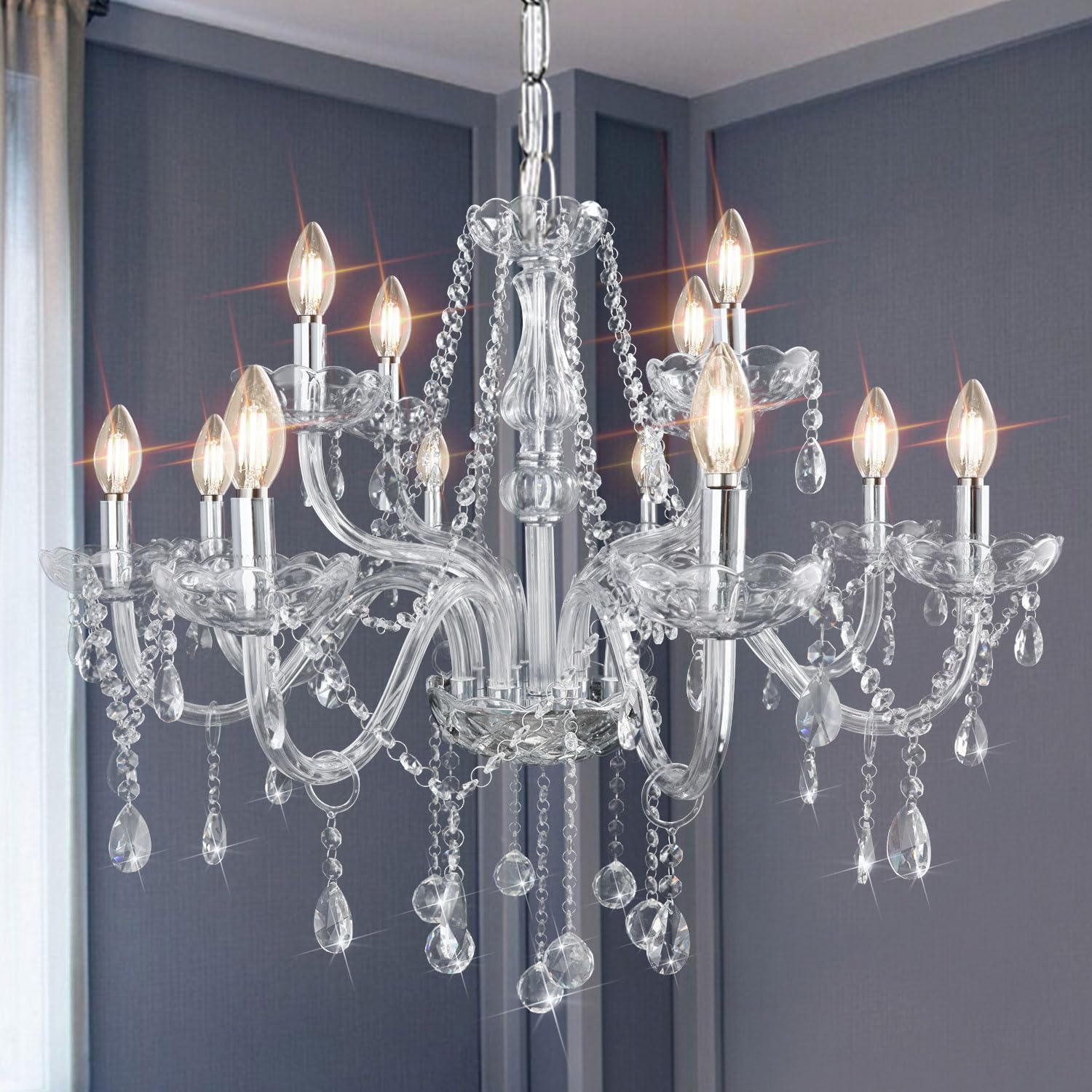 Gorgeous Vintage Crystal Chandelier 12-Lights K9 Large Crystal Candle Chandelier Pendant Ceiling Light Fixture for Living Room Dining Room Hallway Entry Chandeliers