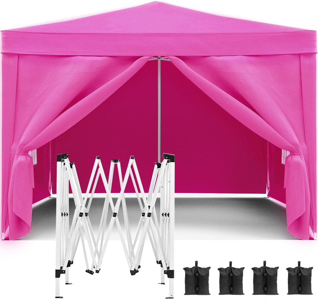 10x10 Pink Pop Up Canopy Tent with 4 Removable Sidewalls Commercial Heavy Duty Canopy All Weather Waterproof Outdoor Canopy Wedding Tents for Parties Gazebo with Carry Bag and Sandbags