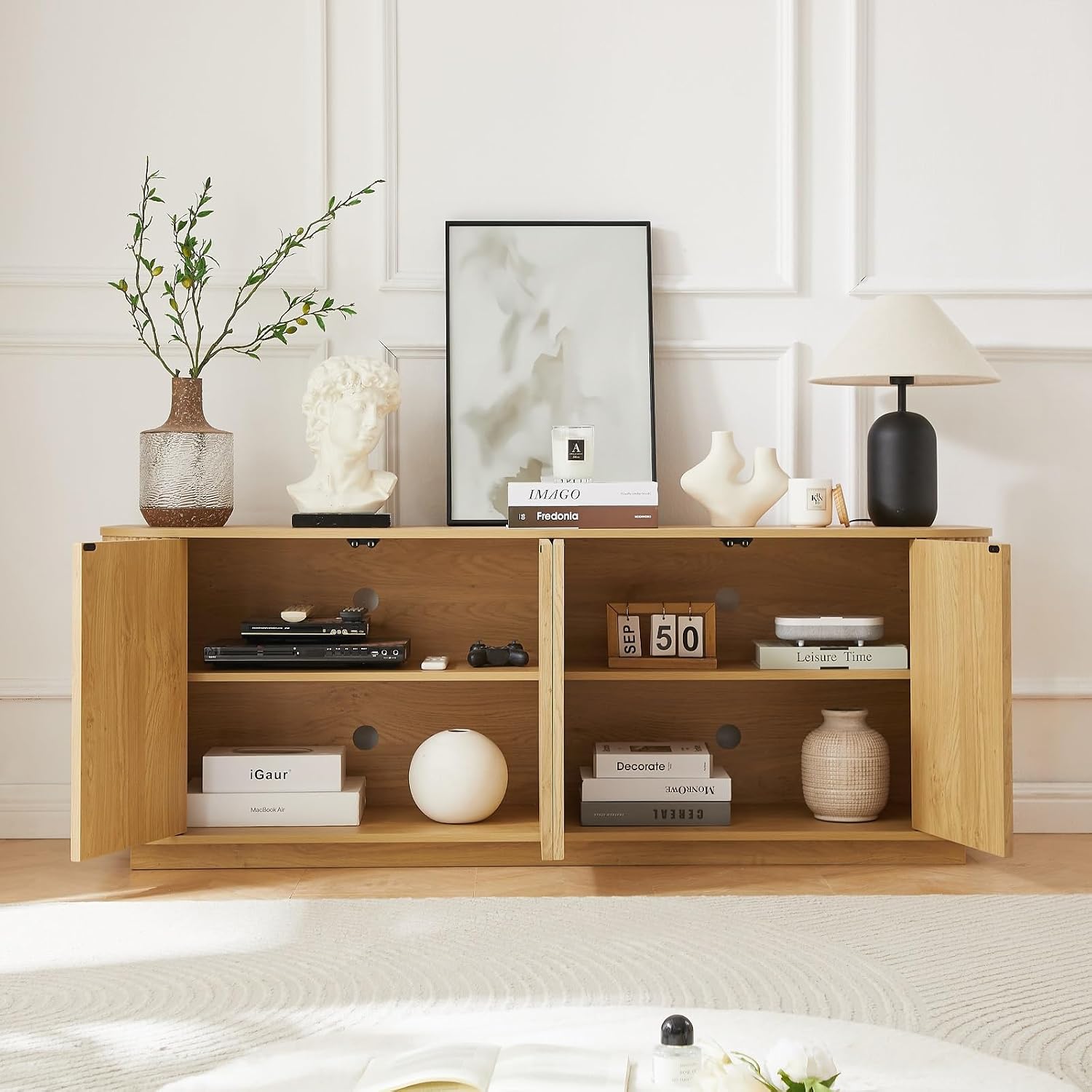 Fluted TV Stand for TVs Up to 75 Inch, Mid Century Modern TV Console for Living Room, Entertainment Center with Storage, Wood Media Console Cabinet with Rounded Corner