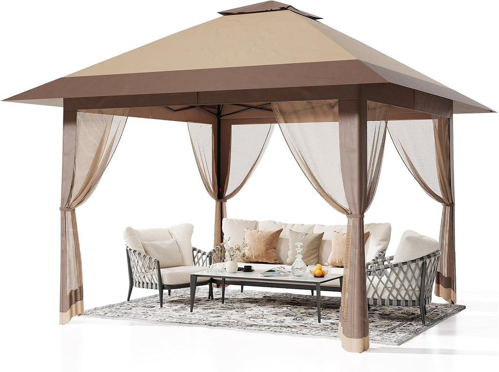13x13 Pop Up Gazebo, Outdoor Canopy Tent with Double Roof and Mesh Netting, Gazebo Tent with Large Space and Adjustable Height for Backyard, Garden, Patio, Lawn, Khaki + Light Khaki