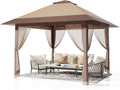 13x13 Pop Up Gazebo, Outdoor Canopy Tent with Double Roof and Mesh Netting, Gazebo Tent with Large Space and Adjustable Height for Backyard, Garden, Patio, Lawn, Khaki + Light Khaki