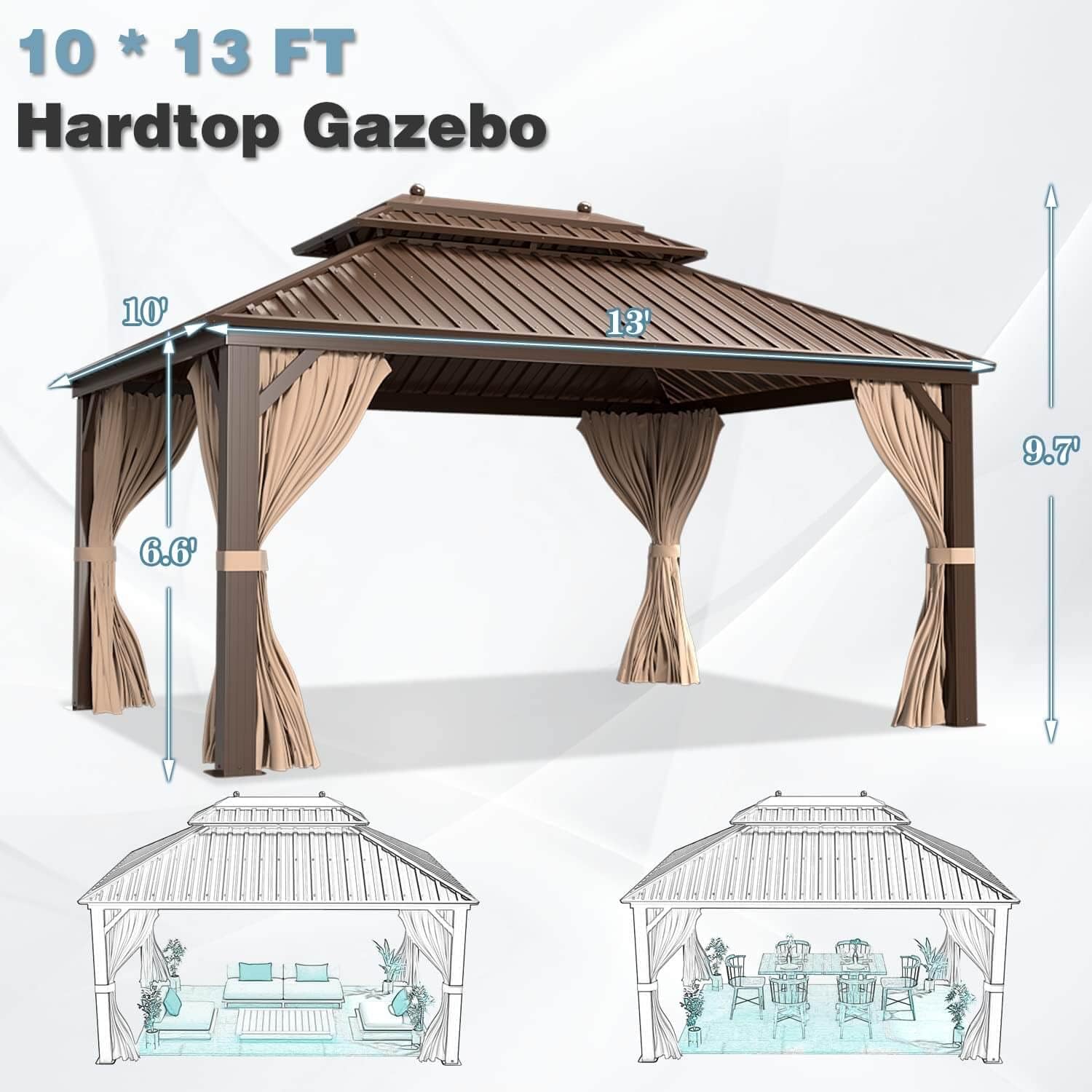 MELLCOM 10'x13' Hardtop Gazebo, Galvanized Steel Double Roof Metal Canopy with Aluminum Frame, Brown Permanent Patio Gazebos with Curtains and Netting for Patios, Gardens, Lawns