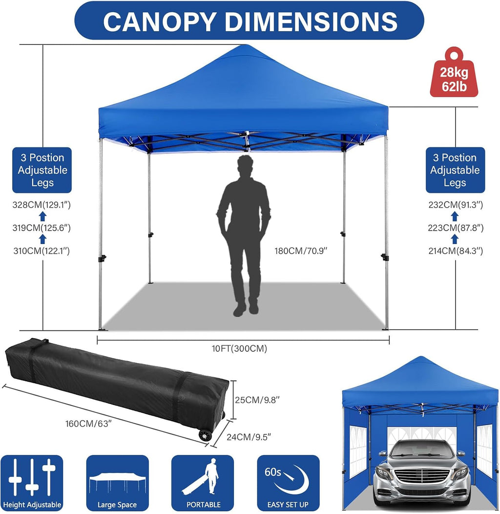 COBIZI 10x10 Heavy Duty Pop Up Canopy Tent with 4 Sidewalls Thicken Frame, Commercial Easy Up Outdoor Wedding Party Tents, All Season Waterproof Windproof with Stakes Sandbags Ropes Roller Bag, Uranus