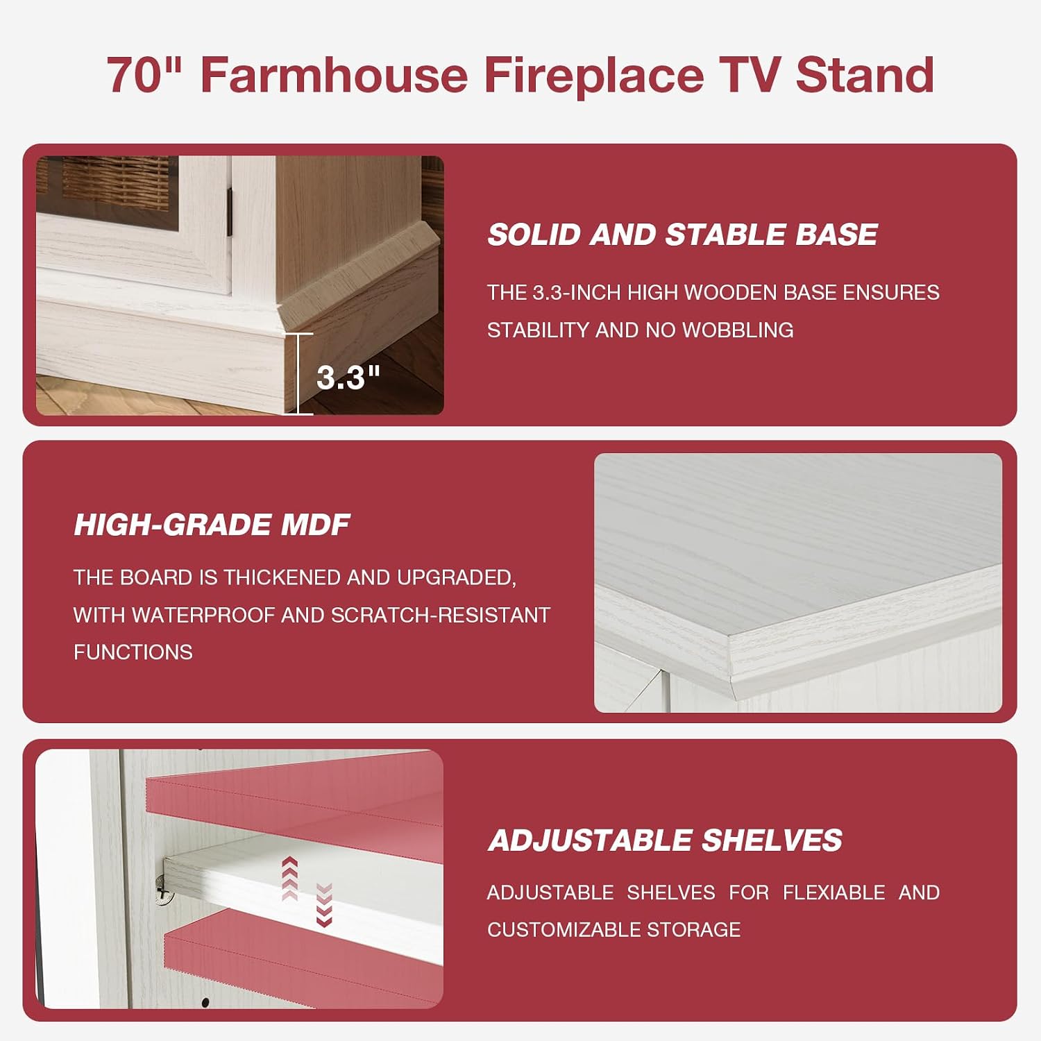 oneinmil 36 Inch 3-Sided Glass Fireplace TV Stand for TVs up to 80', Rustic Media Entertainment Center Console Table with Glass Door Closed Storage, Set of TV Table, White