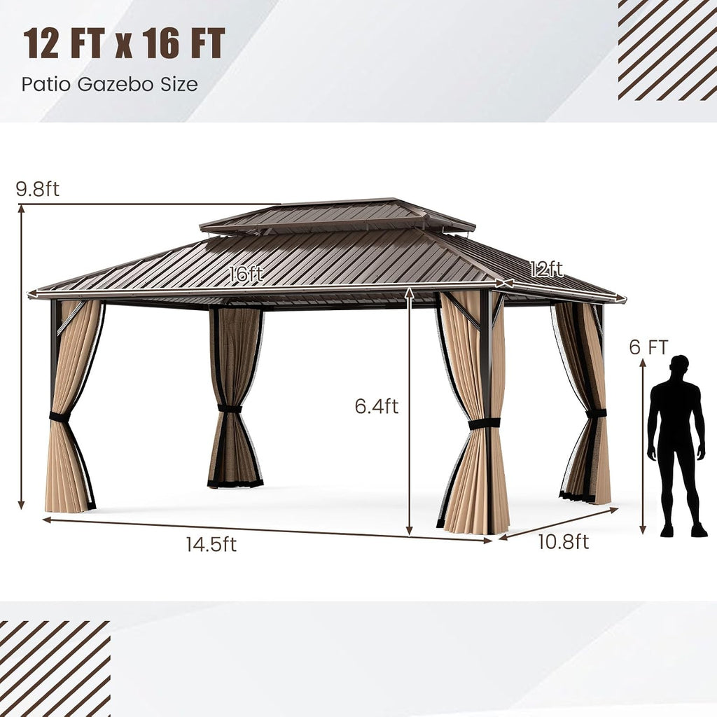 Tangkula 12x16 FT Hardtop Gazebo, Aluminum Frame Permanent Pavilion with Curtains, Netting, Heavy-Duty Double-Tier Galvanized Metal Roof, Outdoor Gazebo for Patios Garden Deck Lawn Backyard
