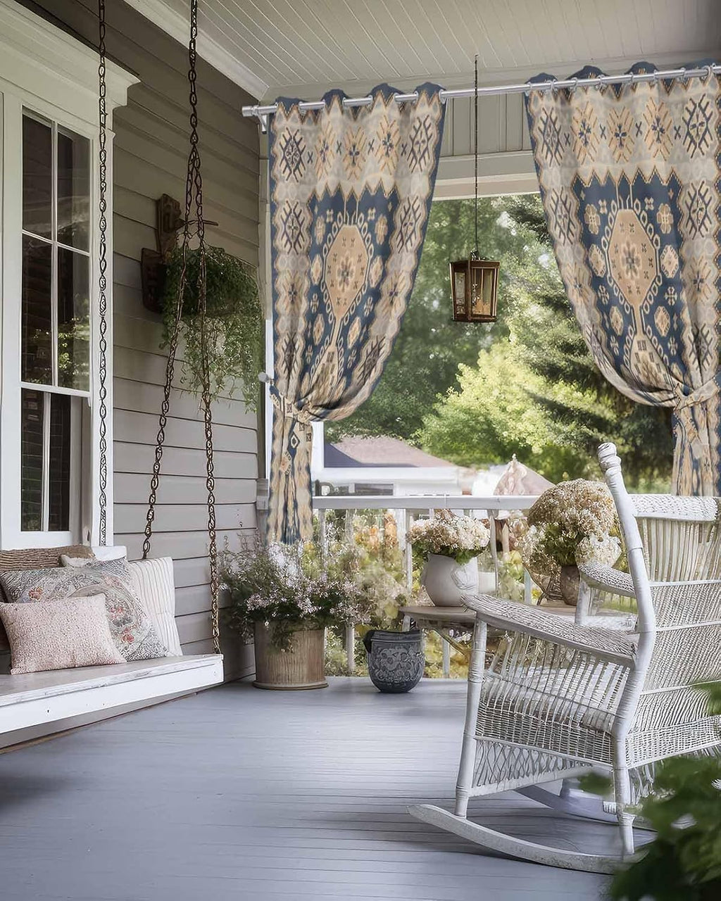 Boho Outdoor Curtains for Patio Waterproof, Ethnic Tribe Windproof Pravicy Outside Porch Blackout Curtain, Bohemian Southwest Vintage Abstract Blue Sun Blocking Curtains for Gazebo 2 Panels 54'x95'