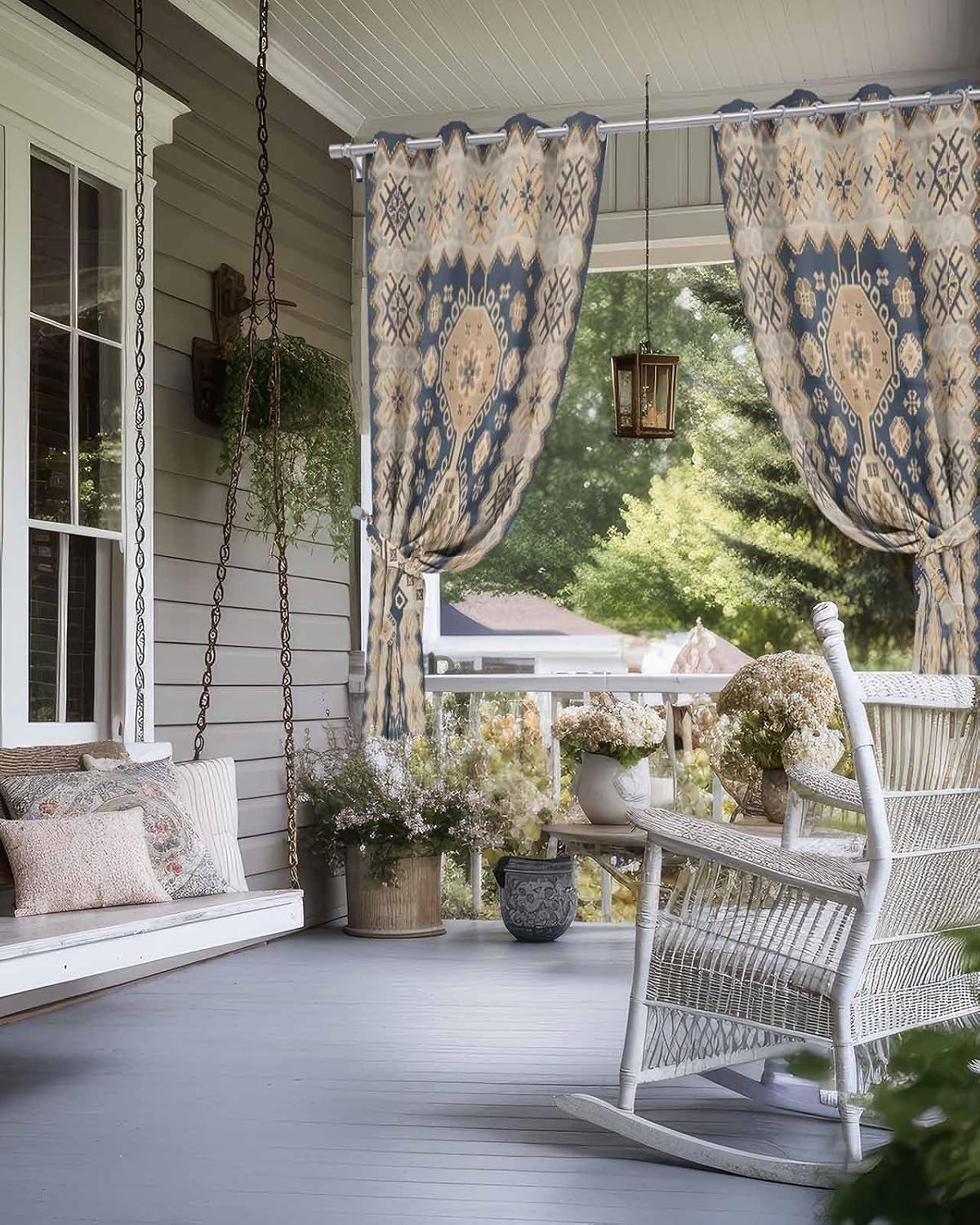 Boho Outdoor Curtains for Patio Waterproof, Ethnic Tribe Windproof Pravicy Outside Porch Blackout Curtain, Bohemian Southwest Vintage Abstract Blue Sun Blocking Curtains for Gazebo 2 Panels 54'x95'