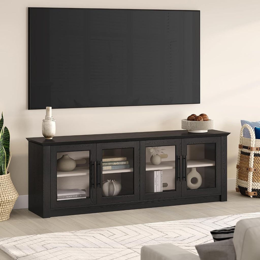 Henn&Hart TV Stand for TVs up to 78' with 2 Display Cabinets and Adjustable Shelves for Living Room, Family Room, or Office, Natural Black/Beech White