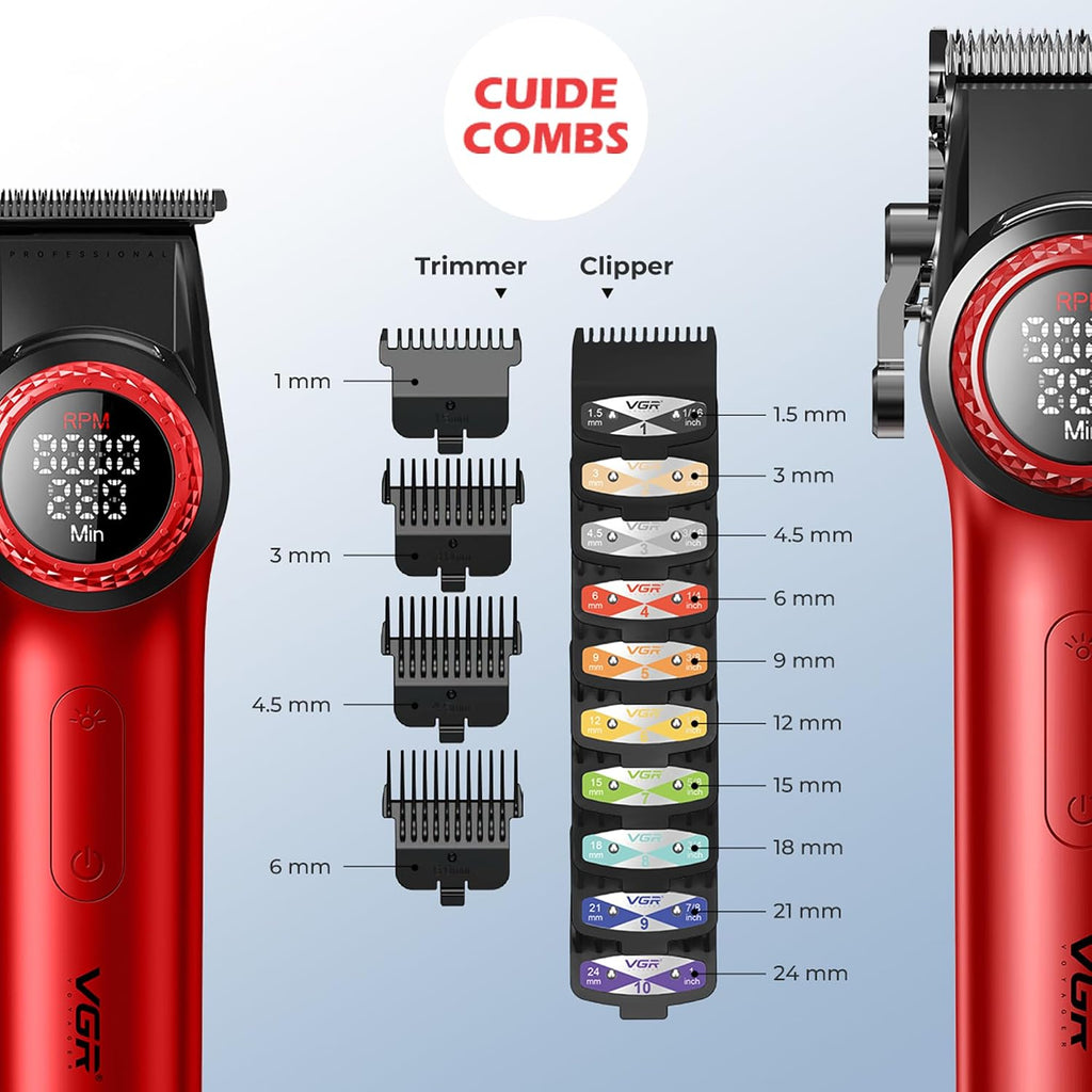 VGR 3 in 1 Professional Barber Clippers Set of Hair Clipper Trimmer Foil Shaver, Cordless Haircut Kit with Upgraded Powerful Motor, Integrated Charging Station, LED Display, Storage Box, Red
