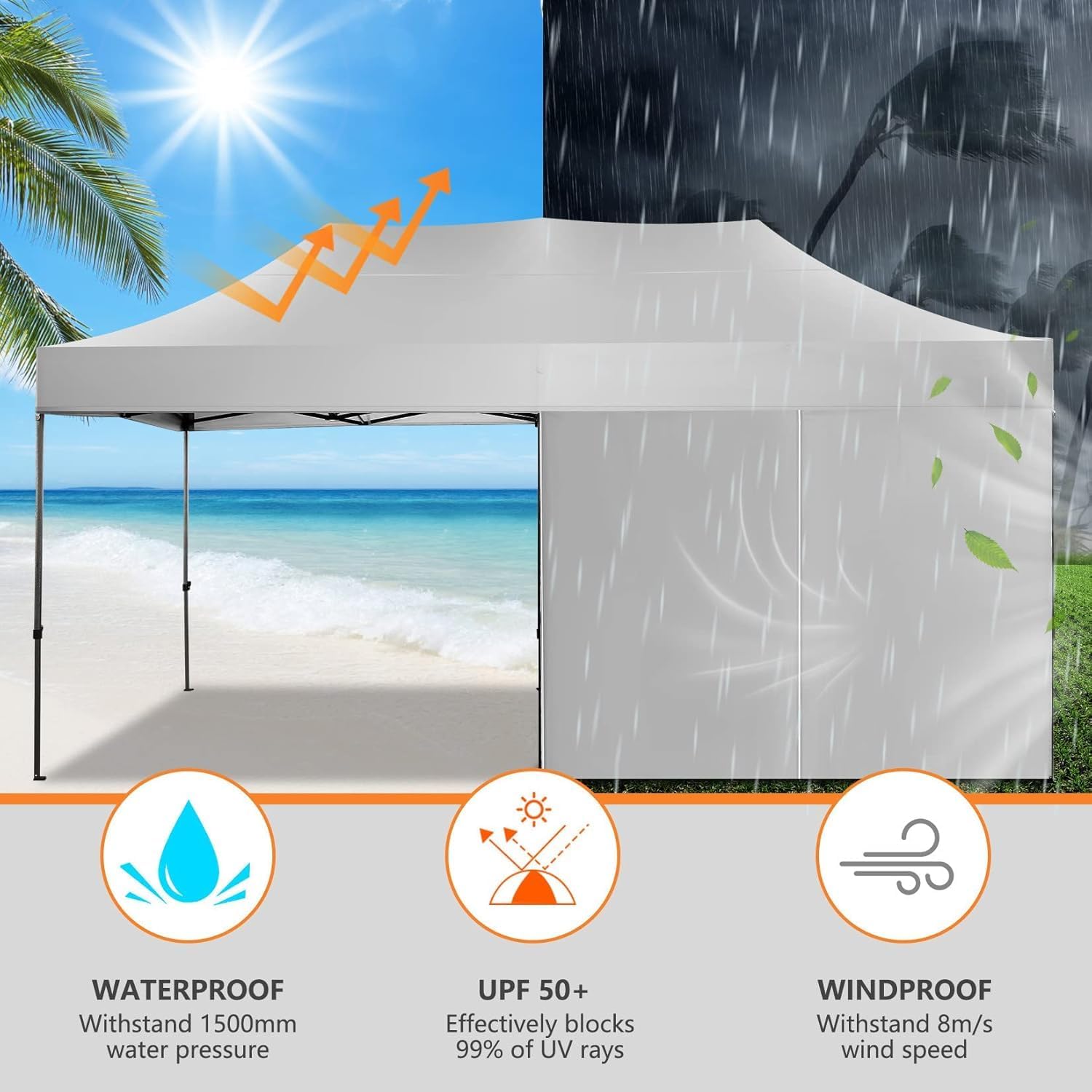 6.5x6.5 Pop Up Canopy Tent with Sidewalls, 3 Height Adjustable Beach Tent with Carrying Bag, 8 Stakes & 4 Ropes, Easy Set Up Gazebo for Events, Party, Wedding (6.5x6.5FT White with 4Sidewalls)