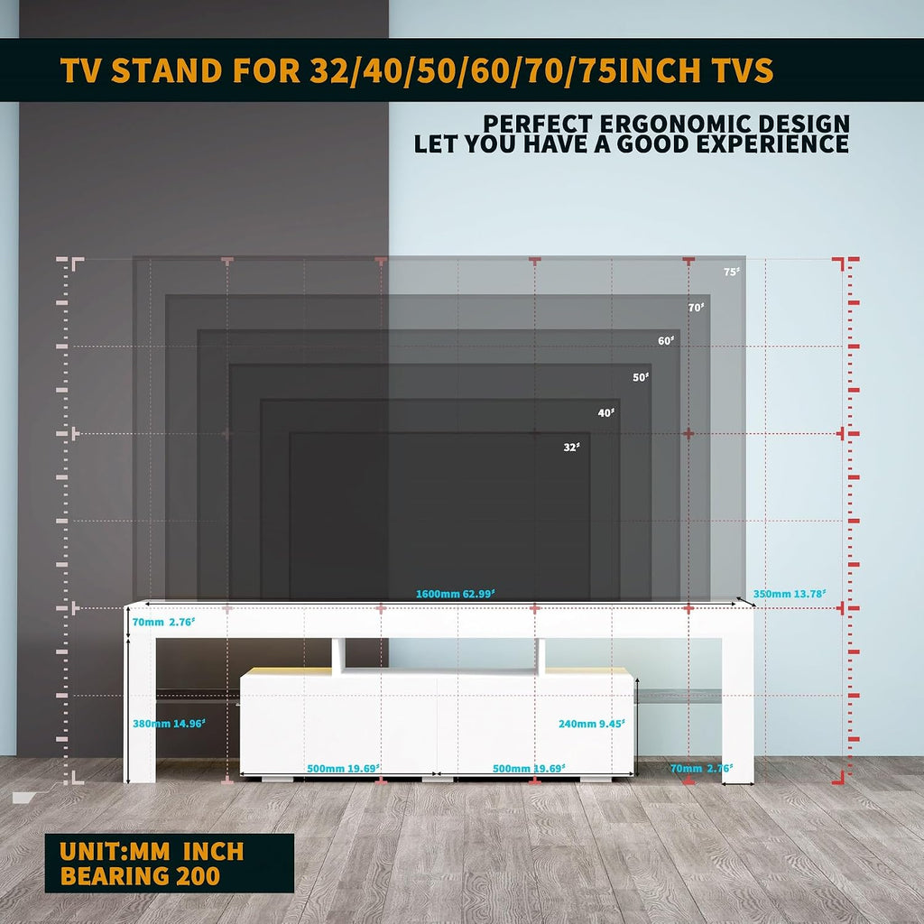 White TV Stand, 60 65 70 75 inch Wood TV Stand, High Glossy Entertainment Center with Large Drawers＆Glass Display Shelf, LED Modern Media Gaming Cabinet TV Console for Livingroom