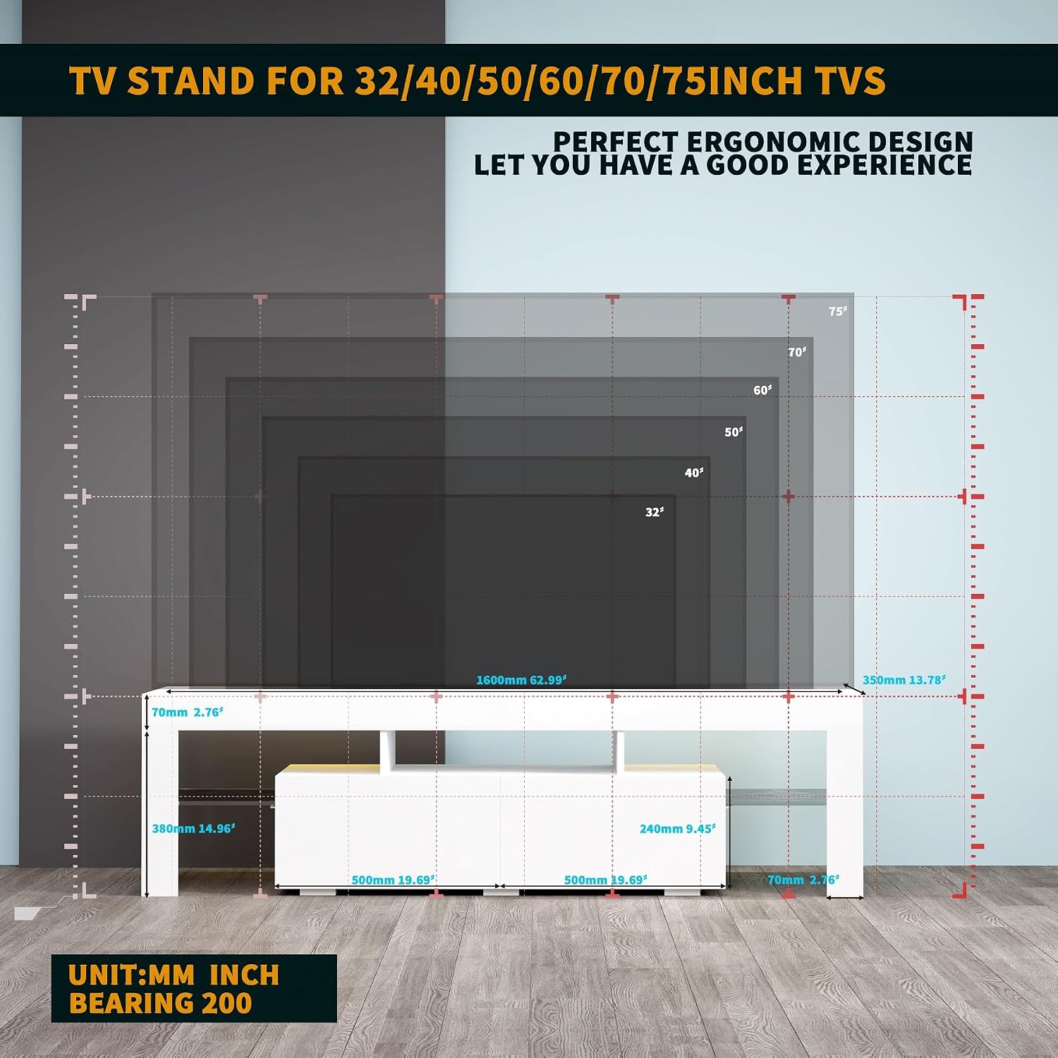 White TV Stand, 60 65 70 75 inch Wood TV Stand, High Glossy Entertainment Center with Large Drawers＆Glass Display Shelf, LED Modern Media Gaming Cabinet TV Console for Livingroom