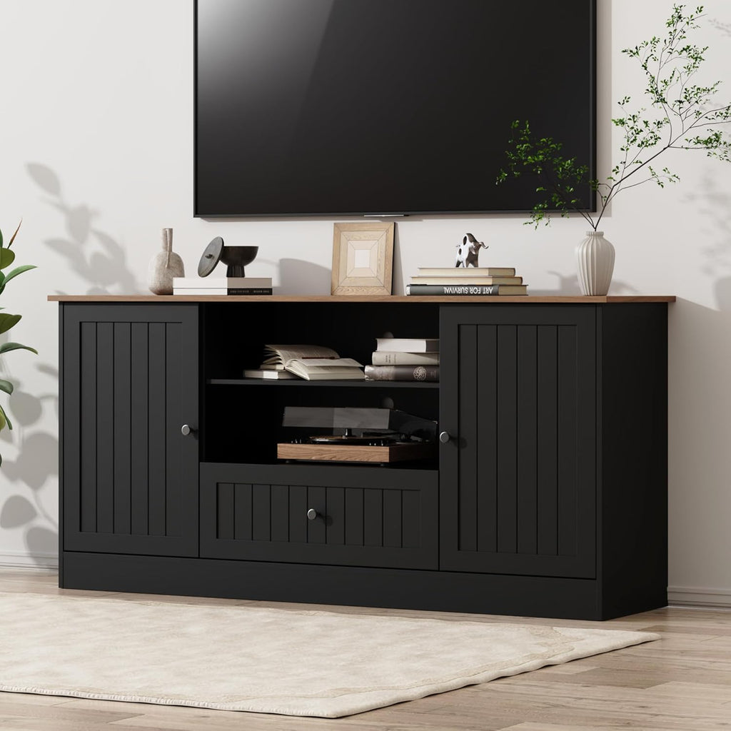 Furnify Farmhouse TV Stand for TVs up to 70 Inch, 63 Inch Entertainment Center with Storage Drawer and Open Shelves, Modern Media Console for Living Room, Bedroom, Black