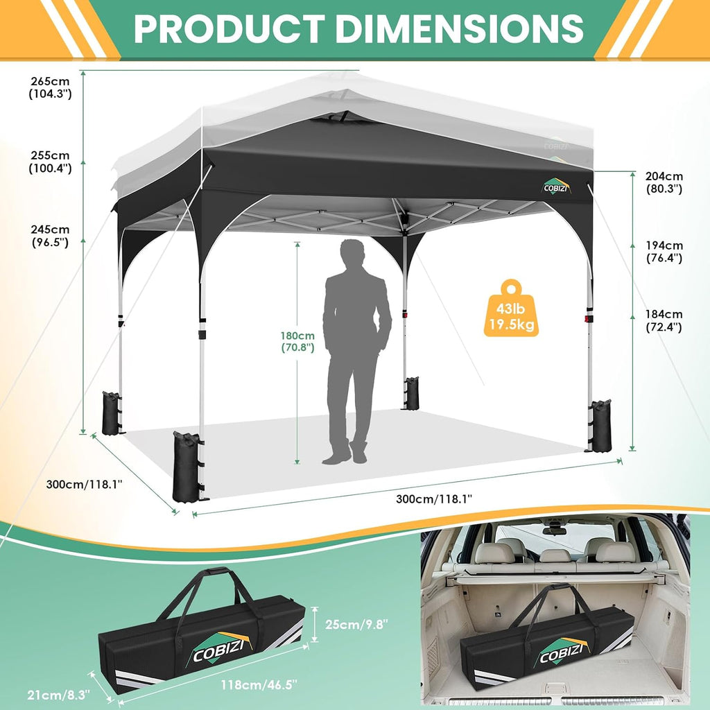 COBIZI 10x10 Pop Up Canopy Tent, Outdoor Party Tent with 3 Sidewalls, 1 Person Easy Set up, Tents for Parties with Fluorescent Strip & 4 Sandbags, Waterproof UPF50+, 3 Adjustable Height, Black