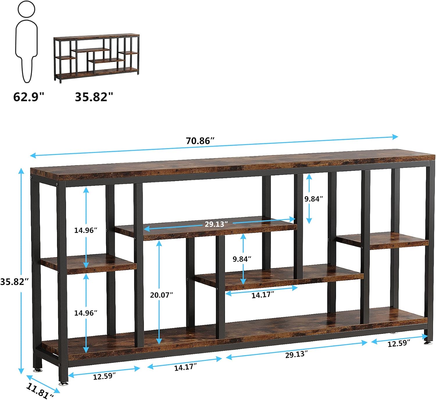 Tribesigns Console Sofa Table, 70.9 inch Extra Long Table Behind Couch with Storage Shelves, 3-Tier Industrial Narrow Entryway Hallway Accent Table for Living Room, Rustic Brown