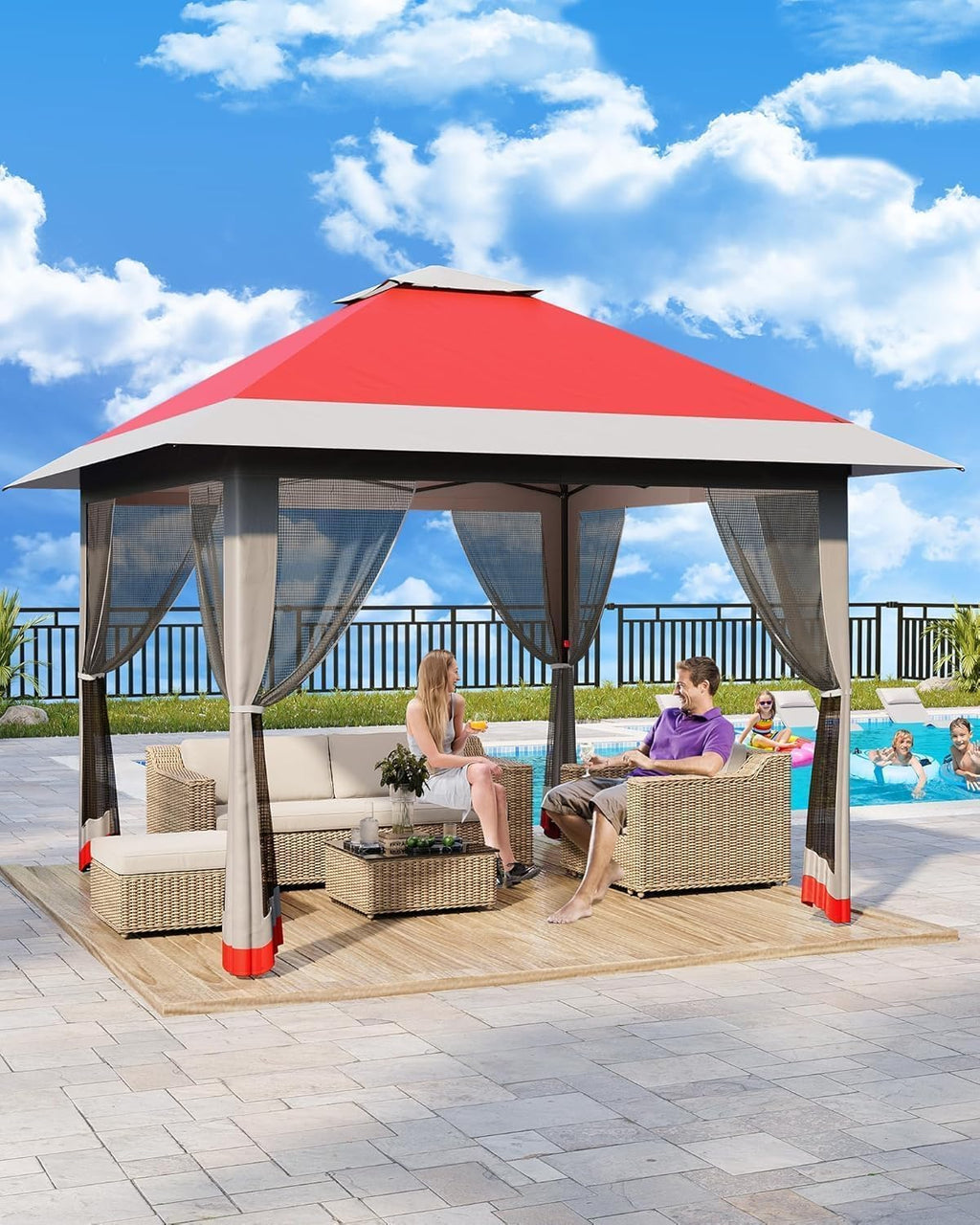 13x13FT Pop-Up Gazebo, Instant Canopy Gazebo with Mosquito Net & Double Roof, Adjustable Height Canopy Tent, UV-Resistant Outdoor Shelter for Patio, Backyard, Garden, and Camping