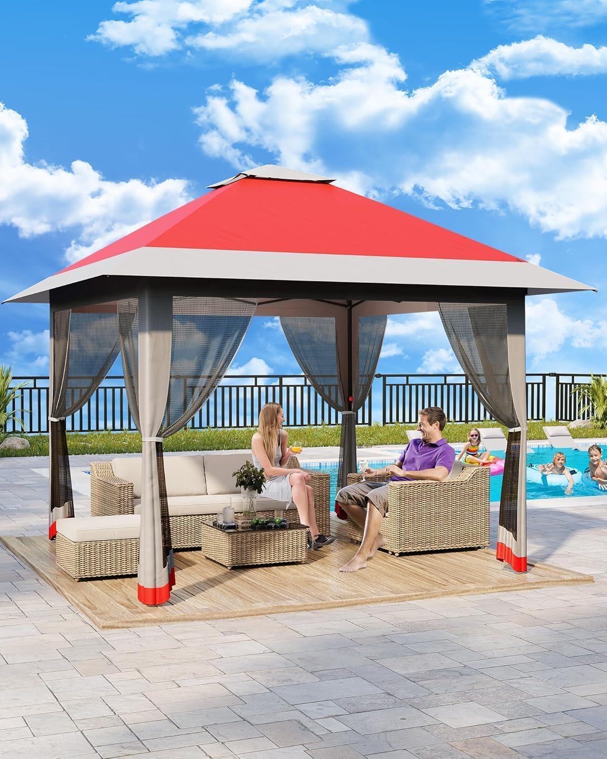 13x13FT Pop-Up Gazebo, Instant Canopy Gazebo with Mosquito Net & Double Roof, Adjustable Height Canopy Tent, UV-Resistant Outdoor Shelter for Patio, Backyard, Garden, and Camping