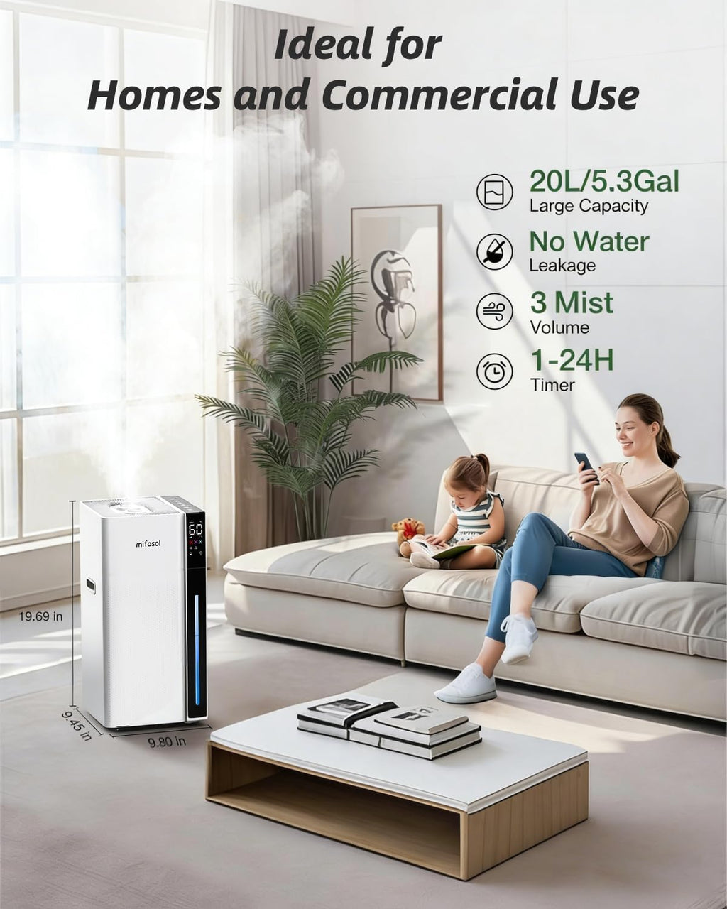 Mifasol Humidifier Large Room, 5.3Gal/20L Large Room Humidifiers for Home, Up to 1500 sq ft Whole House Humidifier, Cool Mist Humidifiers for Bedroom Plants Office Commercial Areas, White