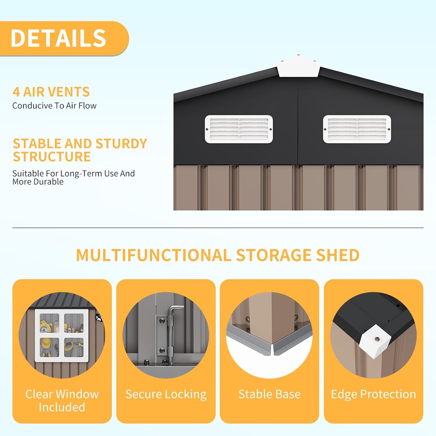 Garvee 6x8 Ft Heavy-Duty Metal Storage Shed with Lockable Door & Windows - Galvanized Steel Outdoor Utility Shed with Sloped Roof for Backyard, Garden, Garage, and Patio, Brown