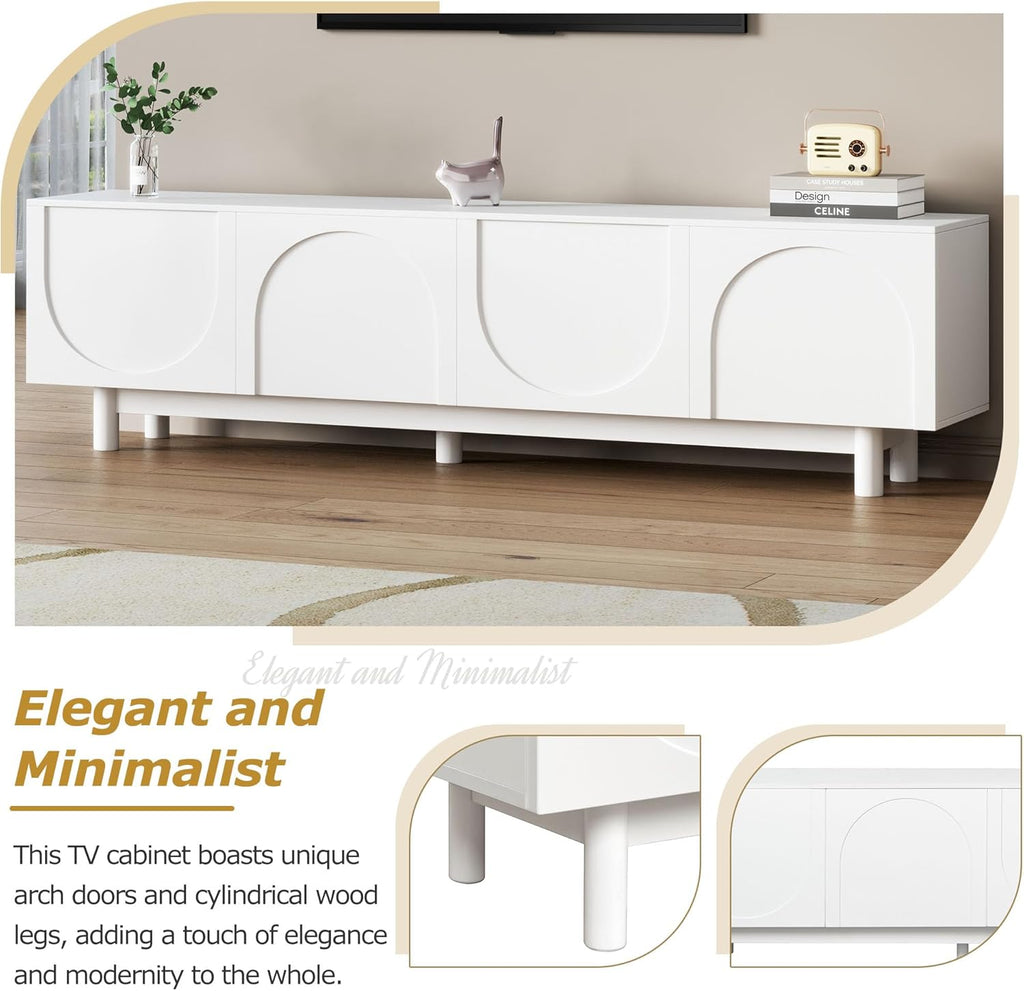 ON-TREND Graceful TV Stand with Arch Cabinets for TVs Up to 78'', Minimalist Entertainment Center with Solid Wood Legs, Practical Media Console with Adjustable Shelves for Living Room, White