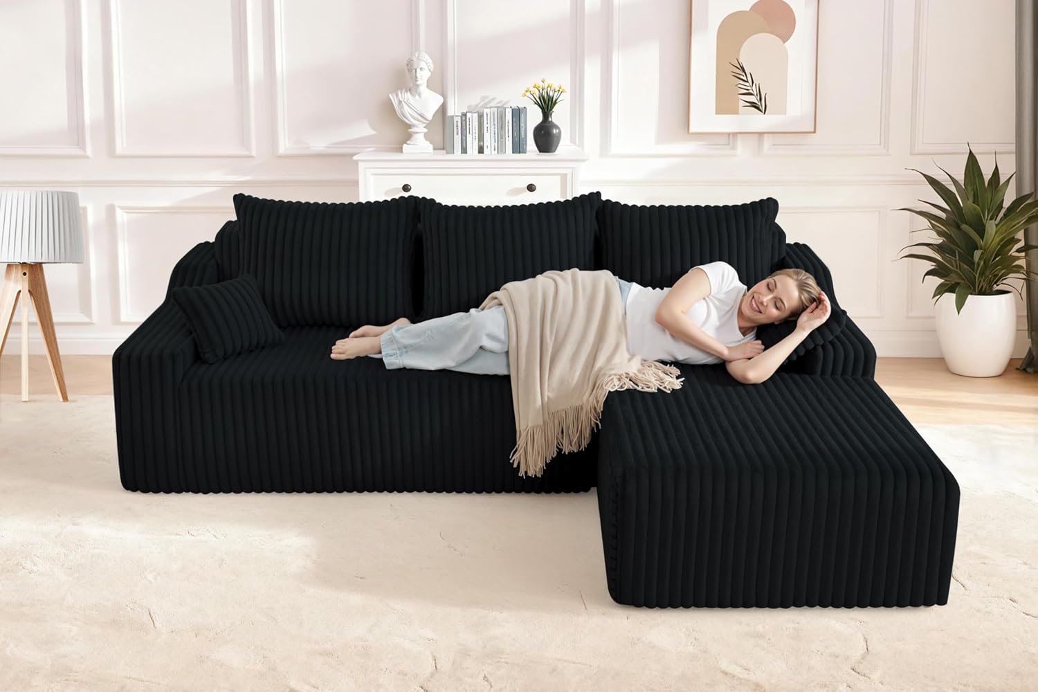 HABUTWAY 94'' Cloud Sectional Couch, Boneless Sofa with Deep Seat, Modular Comfy L-Shape Couch with Chaise for Living Room Bedroom, No Assembly Required(Black,Right Facing Chaise)
