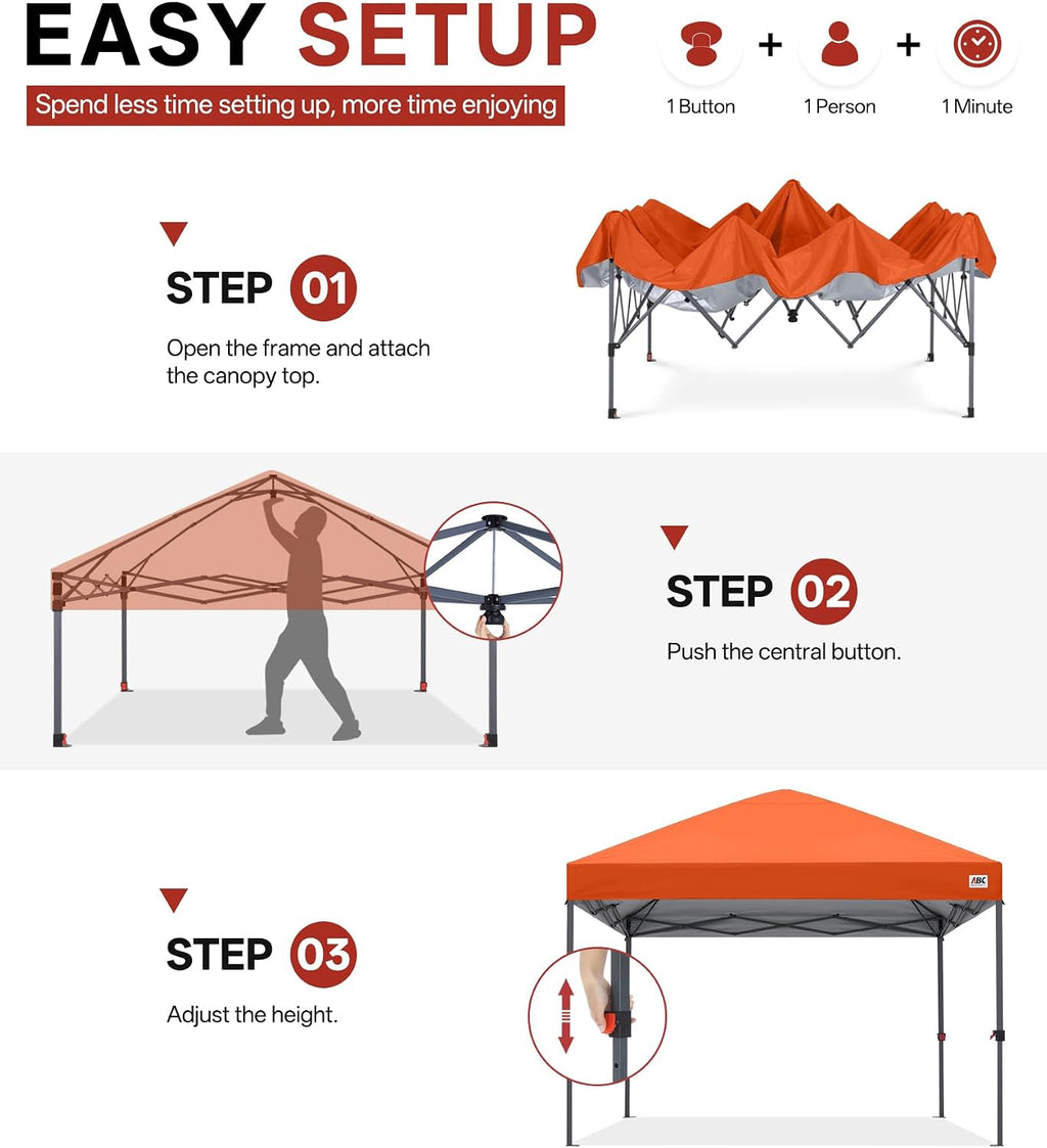 ABCCANOPY 10x10 Pop Up Canopy Tent, Easy Setup Instant Shelter with Wheeled Bag, Heavy Duty Outdoor Canopy for Beach, Market, Backyard, UV Protection, Outdoor Weather Protection (Orange, 10x10)