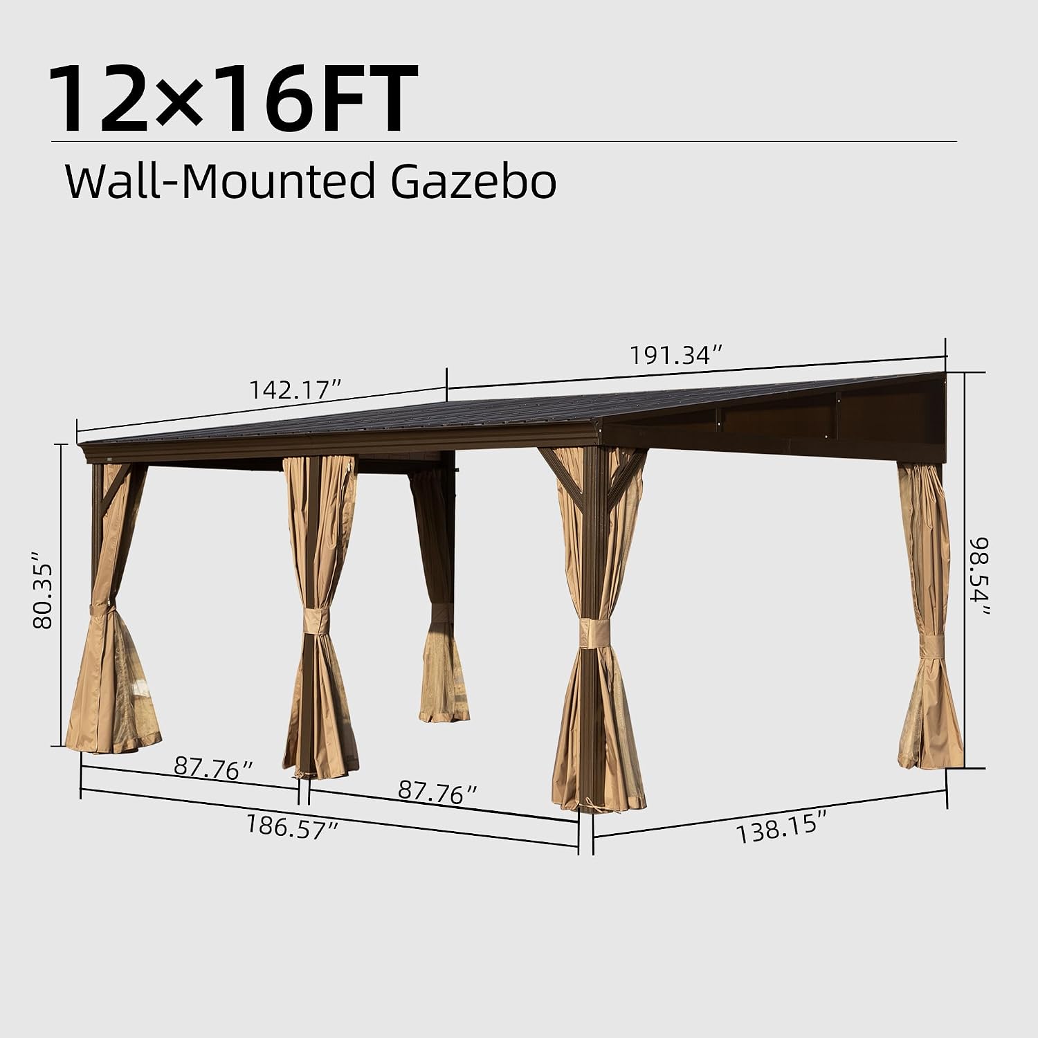 Domi 12x16FT Lean to Gazebo, Hardtop Wall Mounted Gazebo with Sloping Galvanized Steel Roof, Aluminum Frame, Drainage System, Curtains and Netting, for Patio, Deck, Garden, Backyard