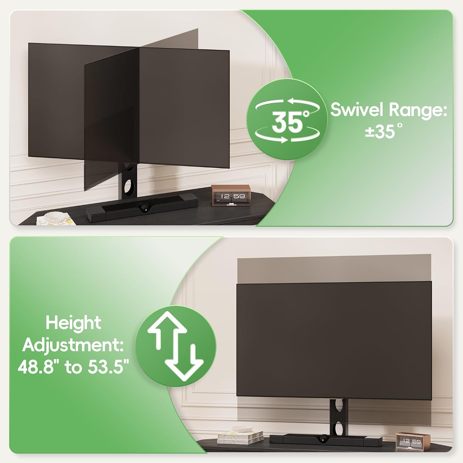 Corner TV Stand with Mount LED - Universal TV Mount Stand for 32-65' TV, Height Adjustable Swivel TV Console Wood & Steel Entertainment Center with Mount, Cabinet, Power Outlet, Colorful Light, Black
