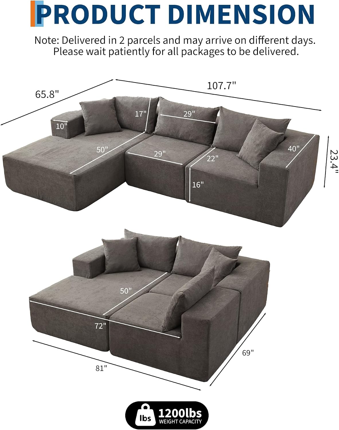 Garvee 108' Modular Sectional Sofa,Cloud Couch Sectional with Left Chaise | Compressed l Shaped Sofa for Living Room | Boneless Couch & Sofa Bed Design,No Assembly Required, Gray