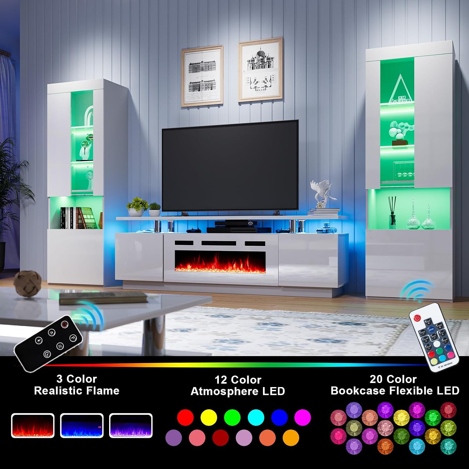 AMERLIFE Entertainment Center with 2-Tier Fireplace TV Stand, 2 x Modern High Gloss Bookshelves with LED Lights & Glass Doors, White