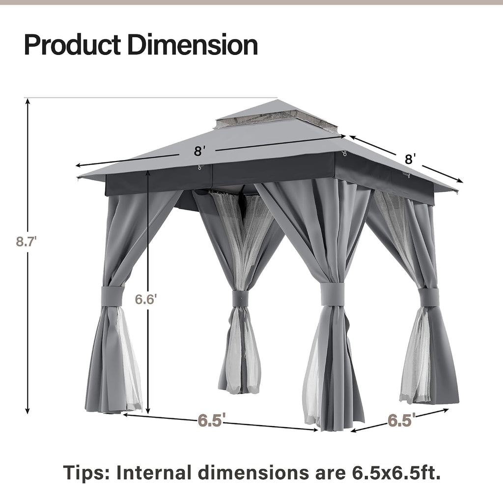 LAUSAINT HOME 8'x8' Outdoor Patio Gazebo with 50FT String Lights, Heavy Duty Party Tent & Shelter with Double Roofs, Mosquito Nettings and Privacy Screens for Backyard, Garden, Deck (Grey)