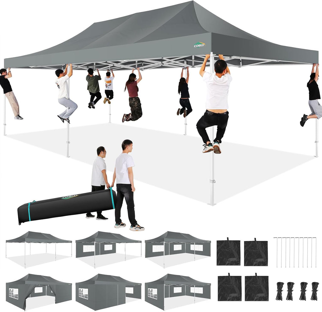 COBIZI 13x26 Heavy Duty Pop Up Canopy with 6 Sidewalls Party Tent Outdoor Wedding Large Event Tent with Roller Bag for Garden Lawn Waterproof UPF 50+ Easy Up, Gray (Framework Upgraded)
