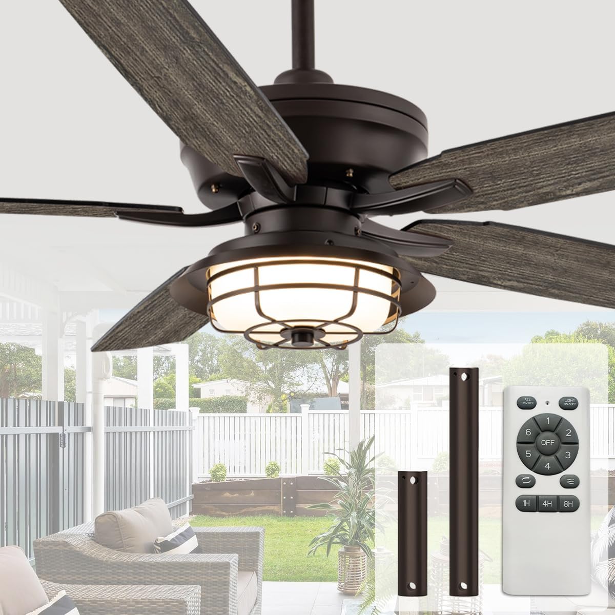 NORFOLK 52' Outdoor Ceiling Fans with Lights for Patios, Waterproof Ceiling Fan and Remote, Wet Rated and 3 Color LED Lighting, Farmhouse for Outside Gazebo Backyard Canopy, Grey Blades