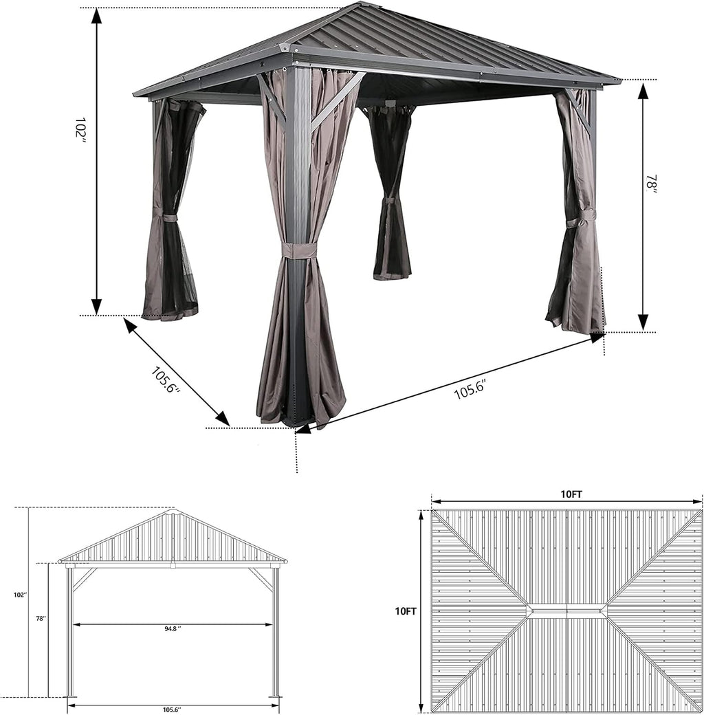 Ulax Furniture Outdoor Hardtop Gazebo Patio Aluminum Permanent Pergola with Galvanized Steel Roof, Mosquito Net and Privacy Curtain (10' x 10')