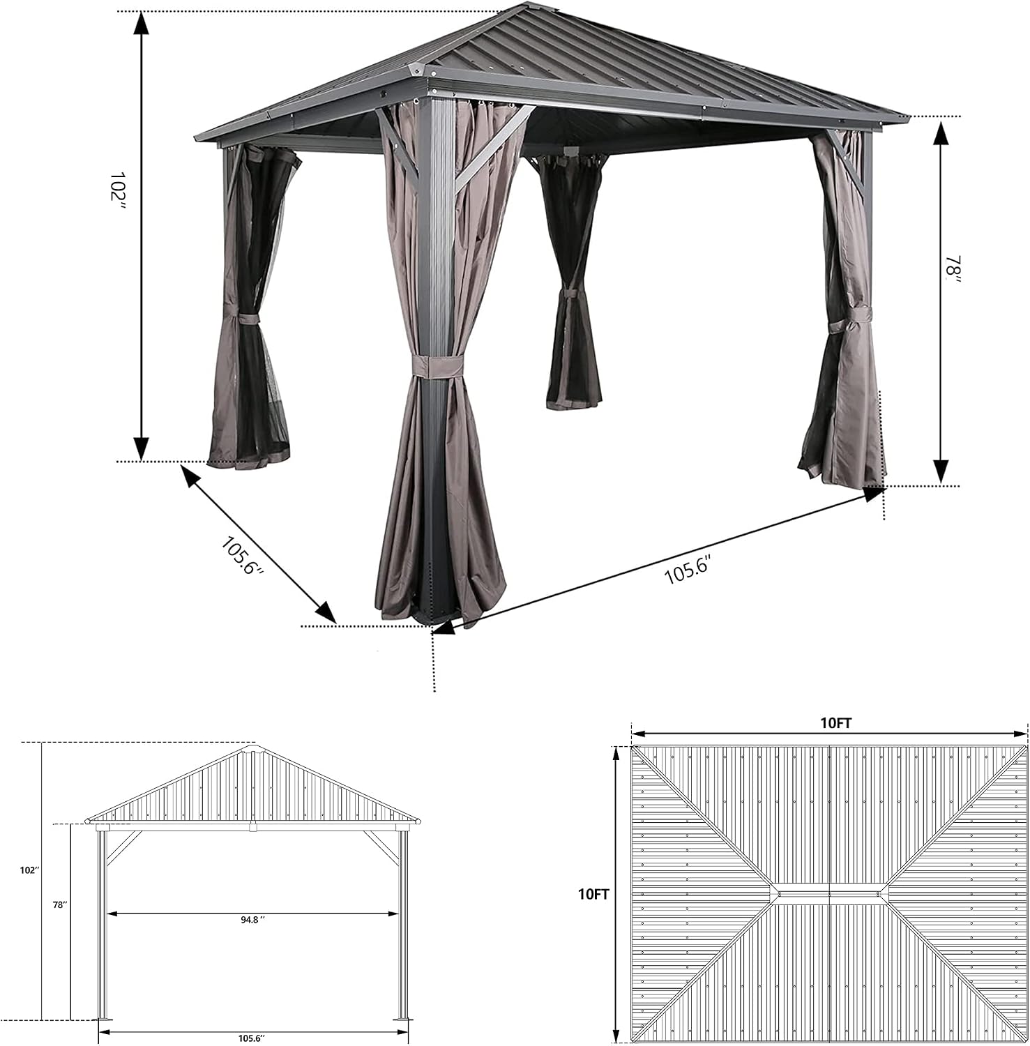 Ulax Furniture Outdoor Hardtop Gazebo Patio Aluminum Permanent Pergola with Galvanized Steel Roof, Mosquito Net and Privacy Curtain (10' x 10')