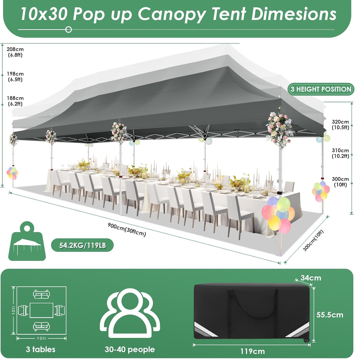 COBIZI Canopy Tent 10x30 Pop Up Canopy with 8 Removable Sidewalls Party Tents for Parties Wedding Patio Commercial Waterproof and UV50+ Ez Outdoor Instant Gazebo with Roller Bag & 4 Sandbags（Grey）