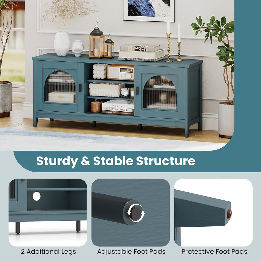 Giantex Farmhouse TV Stand for TVs up to 65', Modern Vintage Entertainment Center w/Storage, Adjustable Shelves, Cable Holes&Glass Doors, Media TV Console Table for Bedroom, Living Room (Teal Blue)