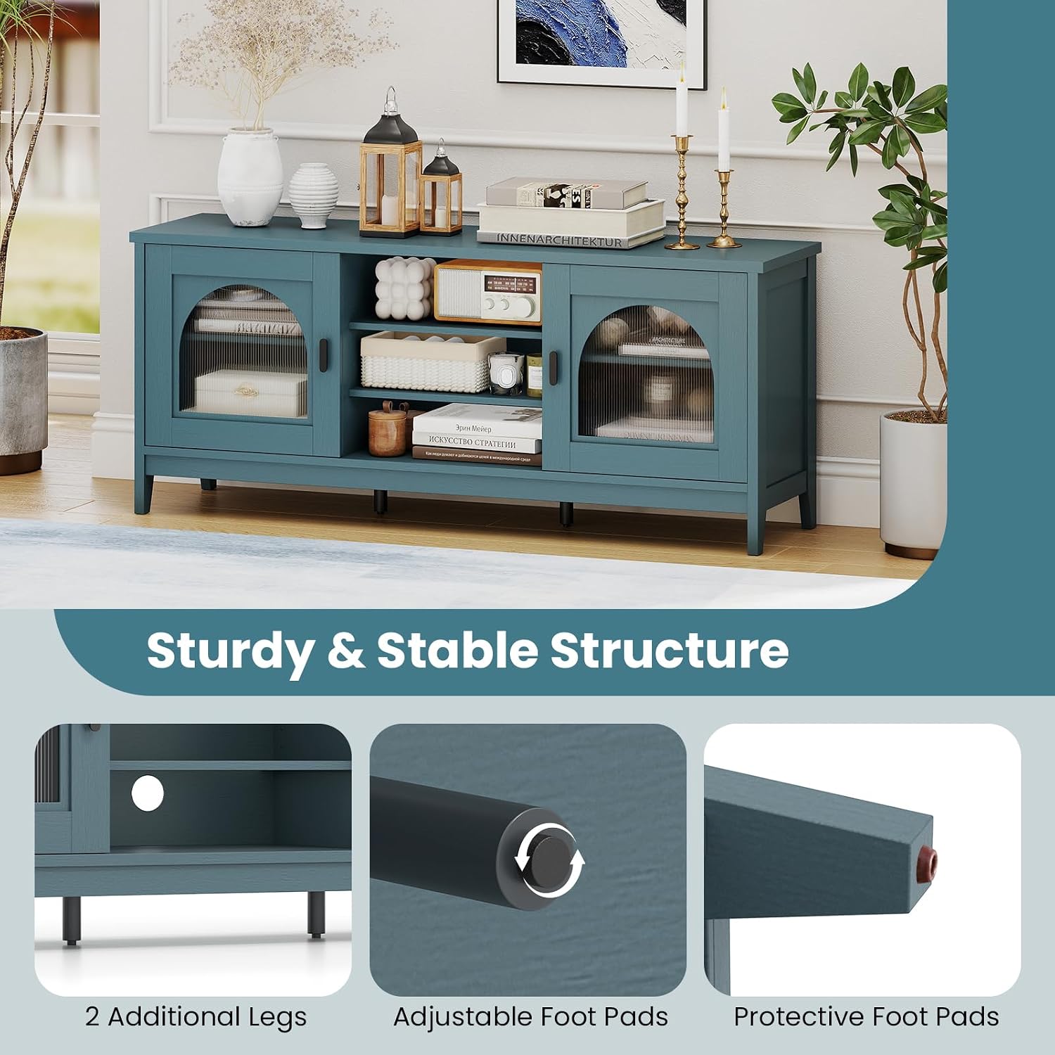 Giantex Farmhouse TV Stand for TVs up to 65', Modern Vintage Entertainment Center w/Storage, Adjustable Shelves, Cable Holes&Glass Doors, Media TV Console Table for Bedroom, Living Room (Teal Blue)