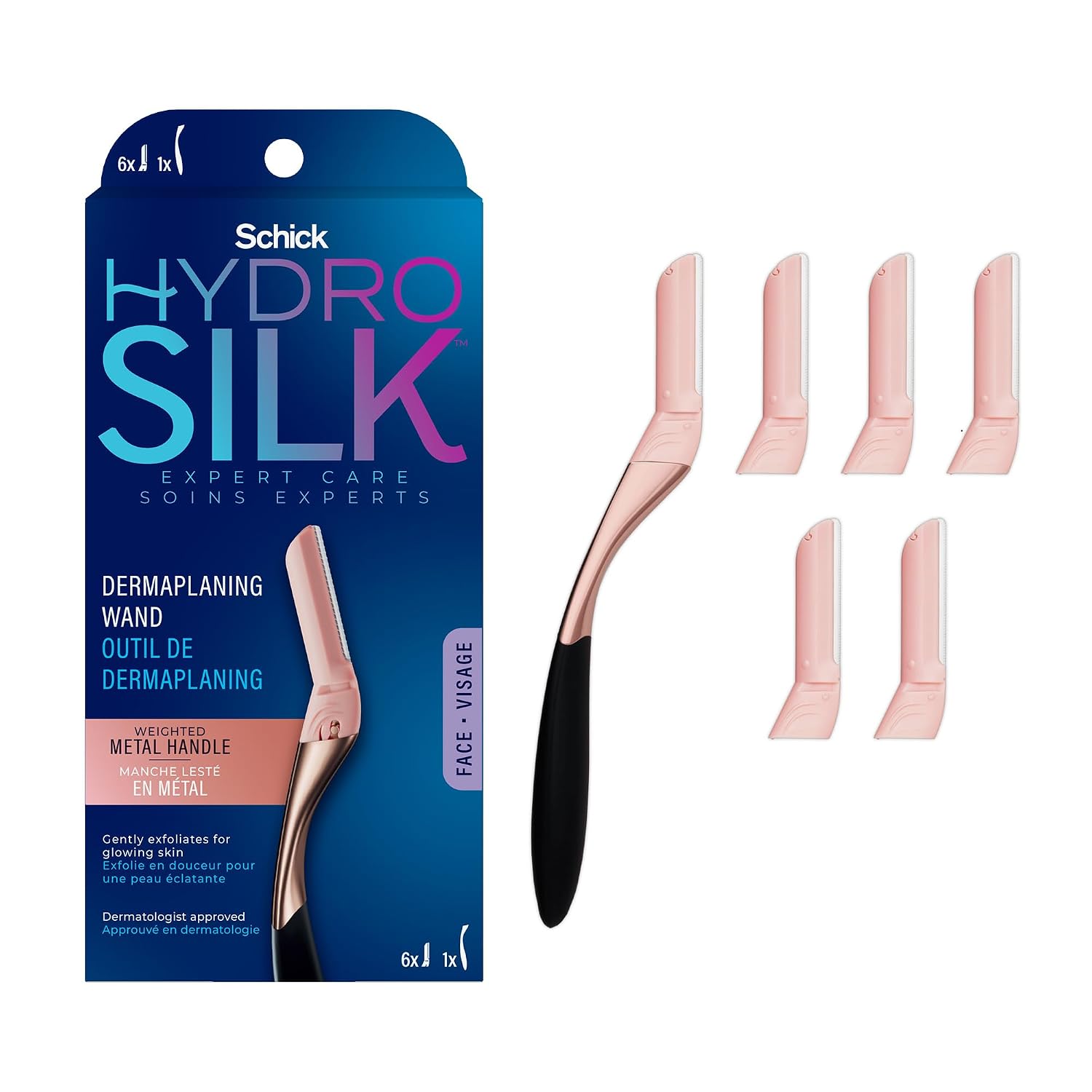 Schick Hydro Silk Dermaplaning Wand,Dermaplaning Tool for Face | Dermaplane Razor for Women Face,Eyebrow Razor,Peach Fuzz Remover,Includes 1 Weighted Metal Handle with 6 Refill Blades,(Pack of 12)
