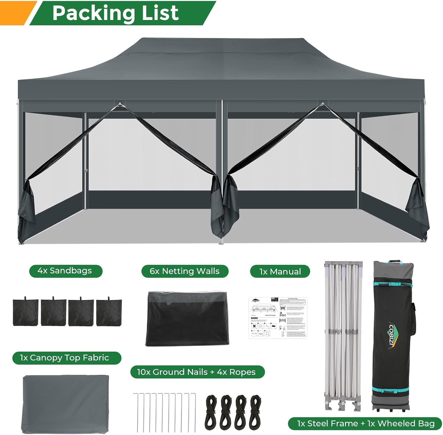 COBIZI 10x20 Heavy Duty Pop Up Canopy Tent with 6 Sidewalls, Easy Set Up Outdoor Waterproof Screen Commercial Party Tent with Mosquito Netting for Parties Backyard Patio, Roller Bag, Gray
