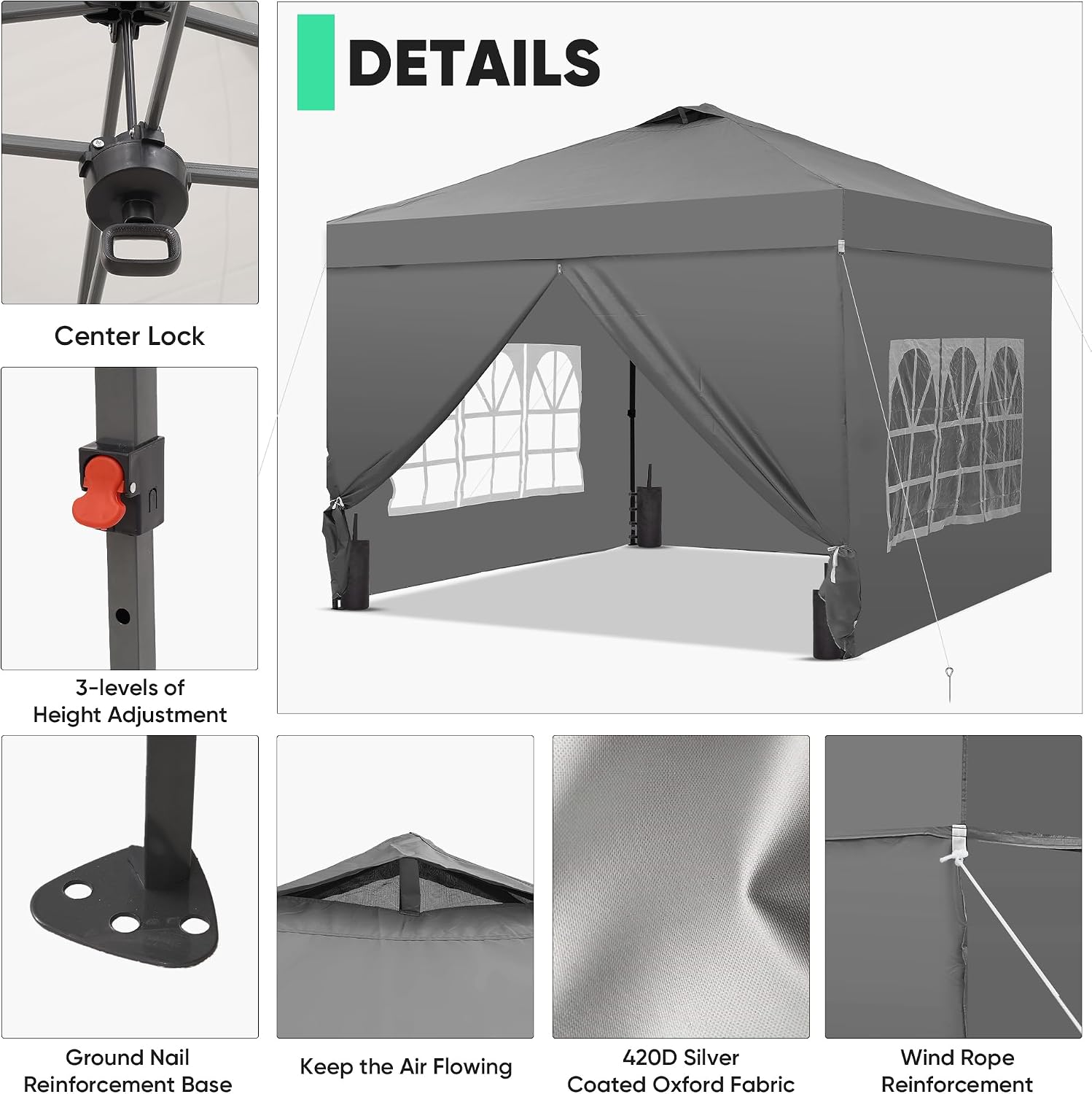 10x10 Pop Up Canopy Tent with One Push Setup, Portable Sun Shade Tent, Instant Easy Up Canopy with 4-Sidewalls & Wheeled Bag, Outdoor Fldable Gazebo with Vent Top, Grey.
