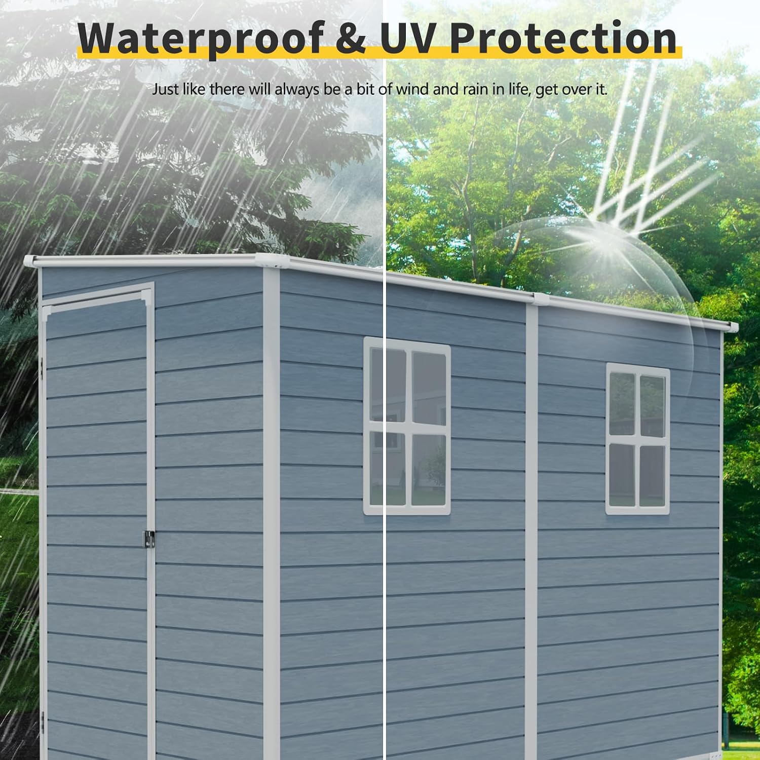 Storage Shed, 4x8ft Outdoor Storage Shed with Floor Included with 2 Windows and Lockable Door, Resin Sheds for House Garden Tools, Bike, Motorcycle, Lawn Mover, Lean to Shed, Grey