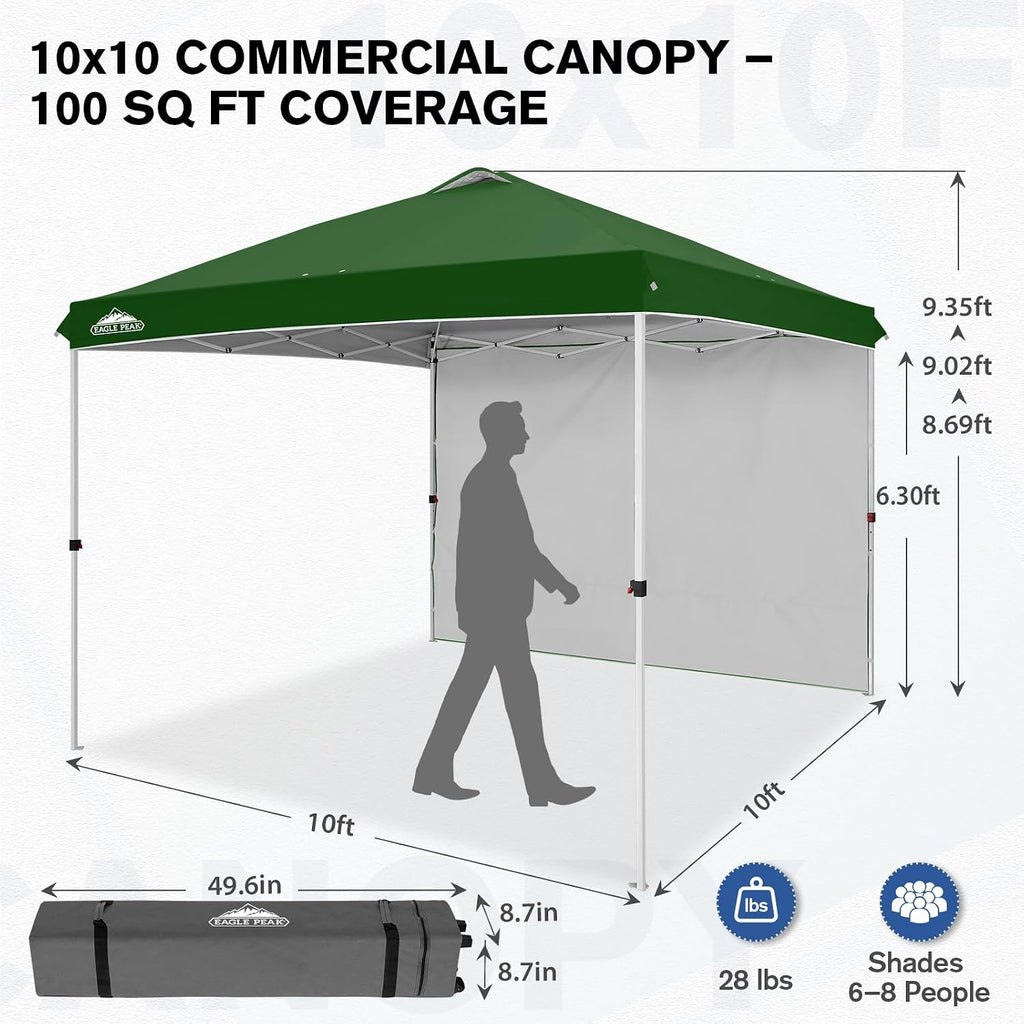 EAGLE PEAK Commercial Canopy 10x10 Pop Up Canopy Tent with 1 Sidewall, Easy Setup Heavy Duty Instant Event Shelter for Vendors & Markets, Outdoor Sun Shade, Green